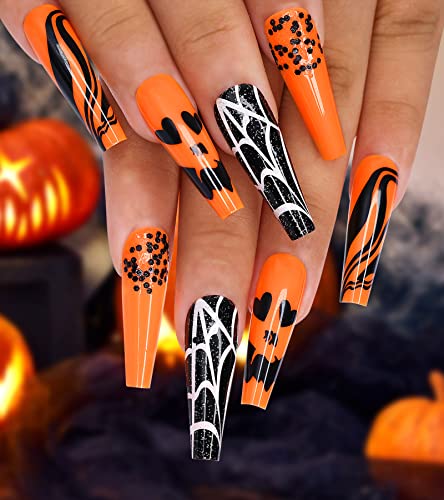 Morily 24Pcs Halloween Press on Nails - Long Coffin Fake Nails with Orange, Black & White Spider Web & Swirl Sequins Design | Acrylic Artificial Nails for Women | Perfect for Halloween Parties, Costume Events & Nail Art Enthusiasts