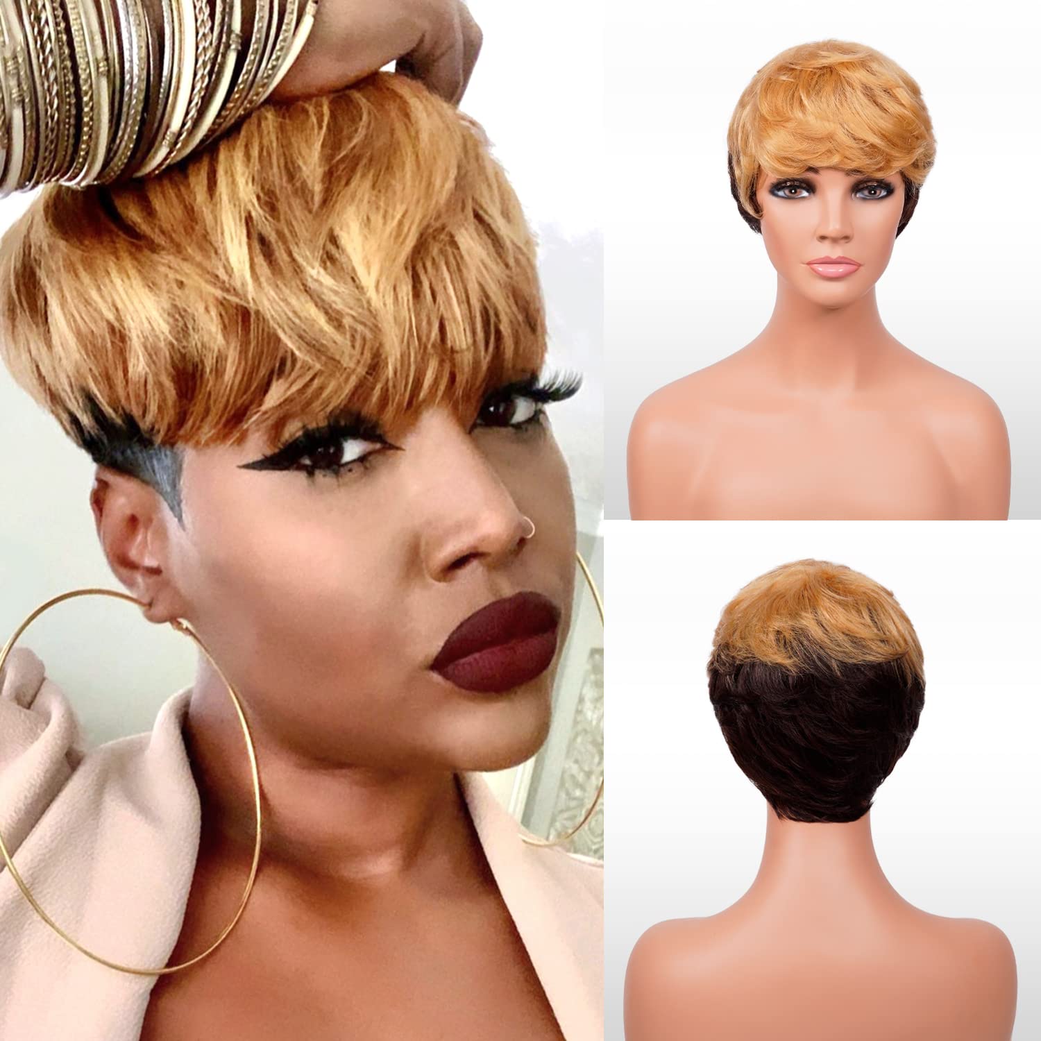 Short Pixie Cut Human Hair Wigs for Black Women - Layered Wavy Tapered Back Non-Lace Front Wig in TOPAZ (DL4/27) | Instant Fab Natural Look for Everyday Wear & Special Occasions