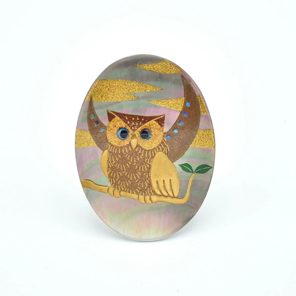 Exquisite Japanese Maki-e Urushi Lacquer Brooch with Black Lip Oyster Pearl Shell Owl Design - Traditional Handcrafted Jewelry for Women - Perfect for Formal Occasions, Weddings & Cultural Events