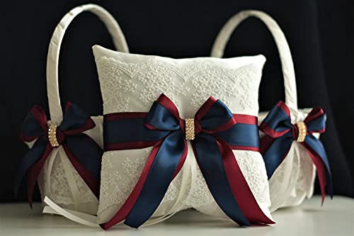 Navy Blue Flower Girl Basket & Burgundy Ring Pillow Set - Wedding Ceremony Accessories for Ring Bearer and Flower Girl (2 Pillows + 2 Baskets, Ivory) | Perfect for Wedding Aisle Decorations and Bridal Party Procession