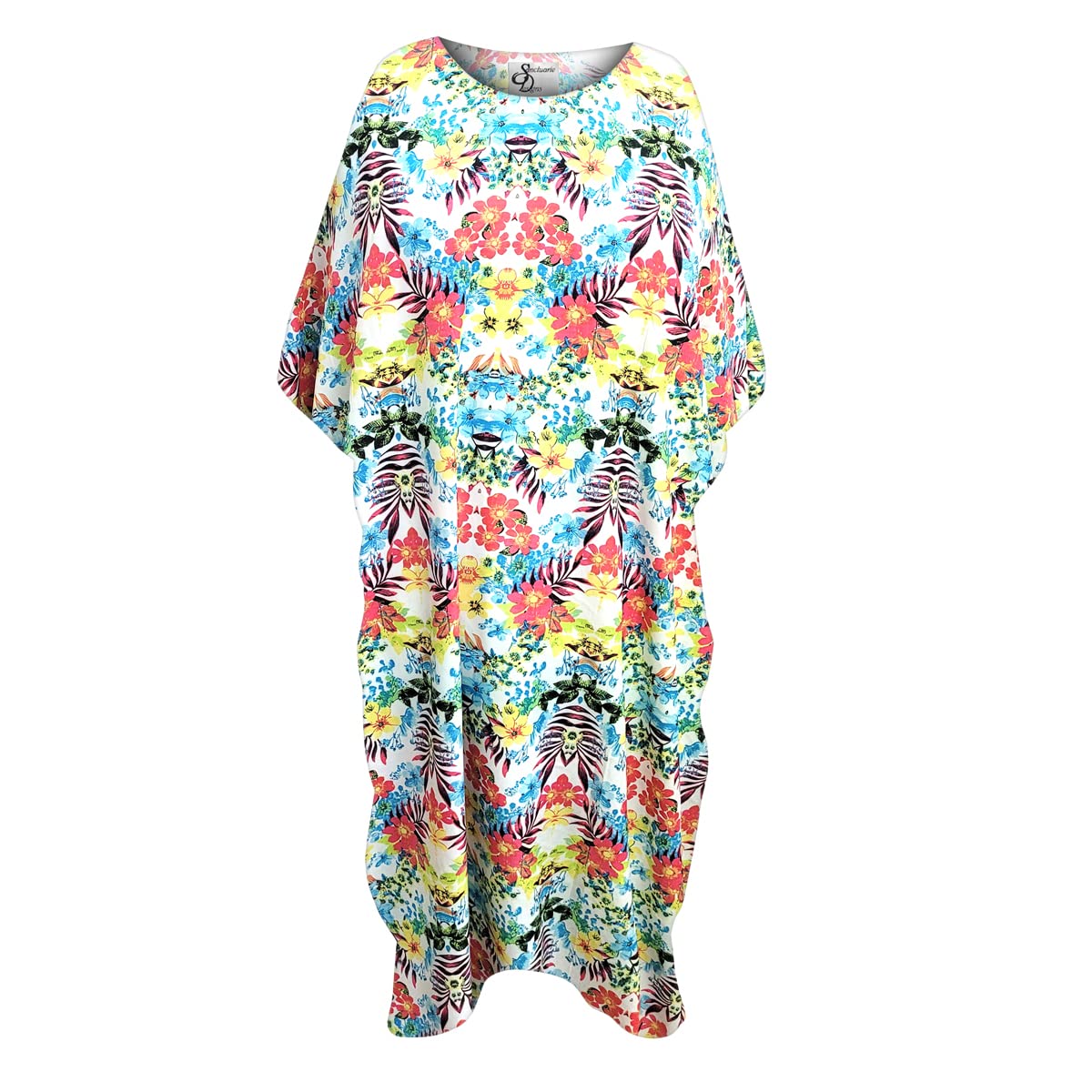 Sanctuarie Designs Plus Size Hawaiian Floral Print Caftan Long Dress - Beach Cover Up, Resort Wear, Vacation Outfit for Women