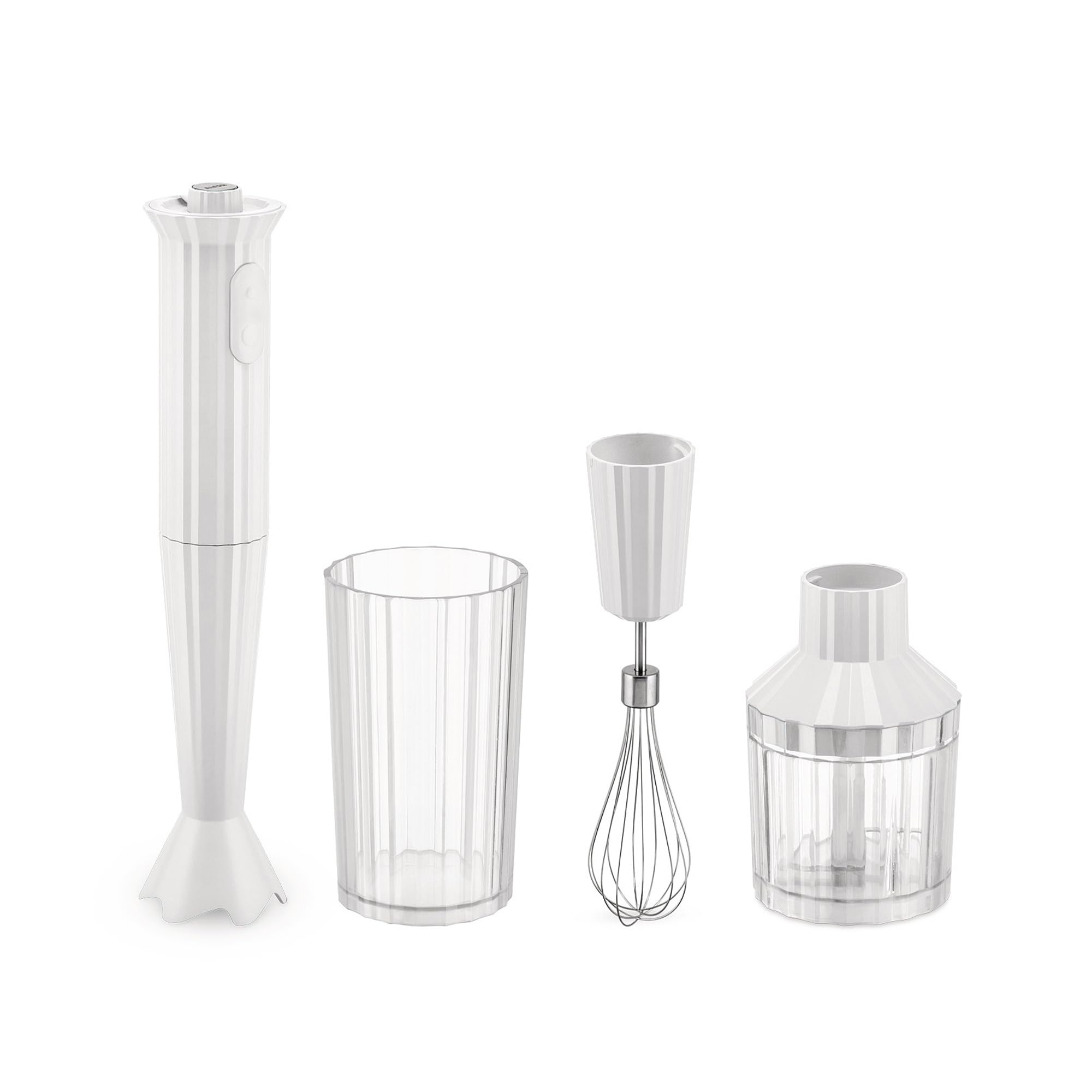 Alessi Plissé MDL10SW/US 200W Hand Blender Set - Includes Measuring Cup, Whisk & Chopper Accessories - White Thermoplastic Resin - US Plug - Perfect for Smoothies, Soups & Baby Food Preparation