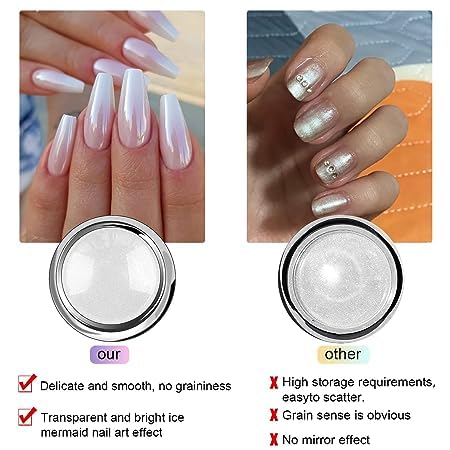 6 Pcs White Chrome Pearl Effect Nail Powder - Mirror Glitter Dust for Nail Art Designs | DIY Manicure, Salon Nail Decoration & Party Makeup Accessories