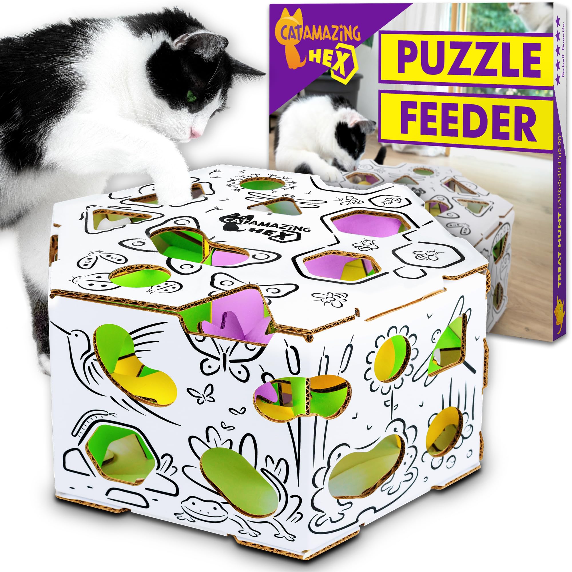 Interactive Cat Treat Puzzle Box & Feeder - Enrichment Food Dispenser Toy for Indoor Cats - Mental Stimulation & Slow Feeding Solution - Perfect for Boredom Relief & Weight Management