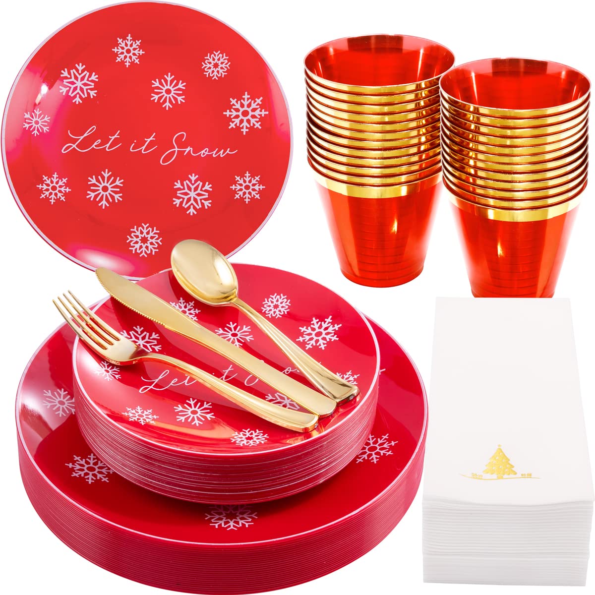 Hioasis 175PCS Christmas Plastic Plates Set - Disposable Dinnerware with White Snow Plates, Red Plates, Gold Silverware, Red Cups & Christmas Tree Napkins for Holiday Parties, Family Gatherings & Festive Celebrations
