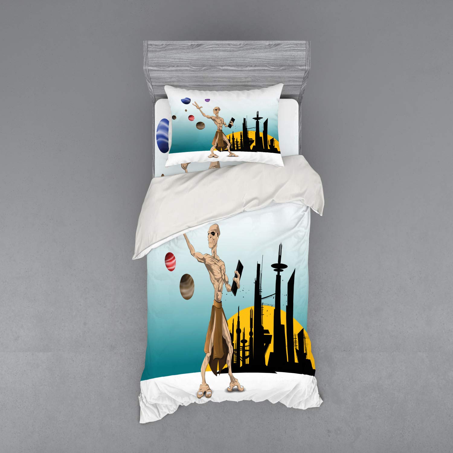Ambesonne Outer Space Duvet Cover Set - Twin Size 3-Piece Bedding with Sham & Fitted Sheet | Unique Alien & Celestial Planet Design in Vibrant Colors | Perfect for Kids' Rooms, Sci-Fi Themed Bedrooms & Space Enthusiasts