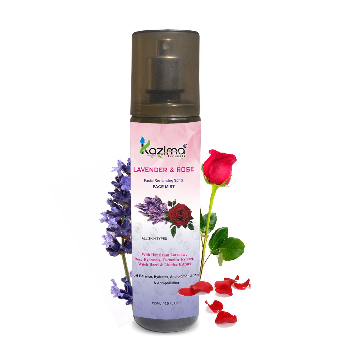 KAZIMA Lavender & Rose Revitalizing Facial Mist Toner - Sulfate-Free, Paraben-Free, Xanthan-Free, Mineral Oil-Free for Fresh & Glowing Skin | Hydrating & Soothing Face Spray for Daily Skincare, Makeup Setting & On-the-Go Refreshment (135ml)