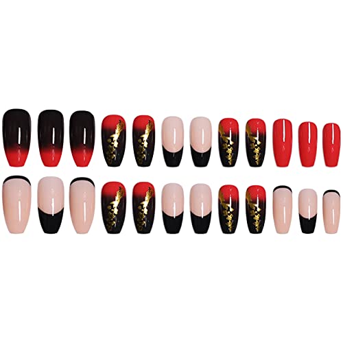 Premium 24-Piece Long Oval Fake Nails Set - Red & Black Ombre Gradient with Gold Pool Design | Includes Nail Glue & Acrylic Adhesive | Perfect for Women & Girls | Great for Parties, Weddings, and Special Occasions