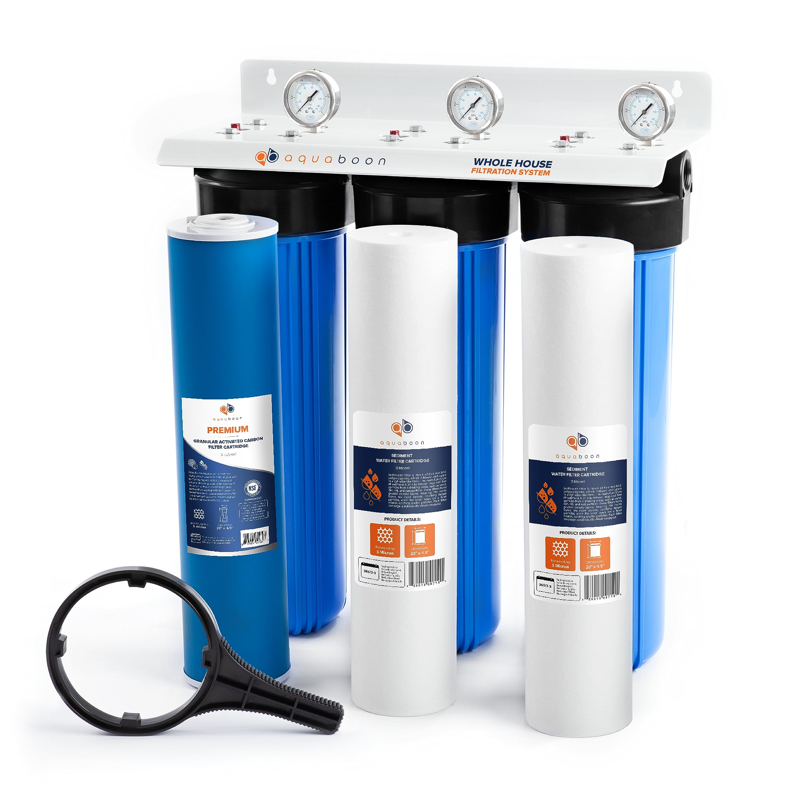 Aquaboon 3-Stage Whole House Water Filtration System with 20x4.5 GAC & Sediment Filters - Includes Pressure Gauge, Release Valve, Wrench & Bracket | Removes Chlorine, Sediment & Impurities for Cleaner Drinking, Showering & Appliance Protection