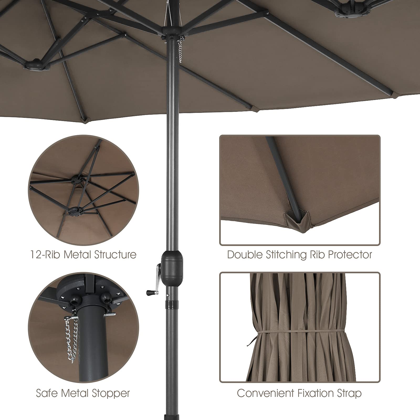 Tangkula 15FT Double-Sided Patio Umbrella with Hand-Crank System - Extra Large Outdoor Market Umbrella with 12-Rib Structure & Reinforced Base - Perfect for Backyard, Poolside, Restaurant, Cafe and Commercial Use (Coffee Brown)