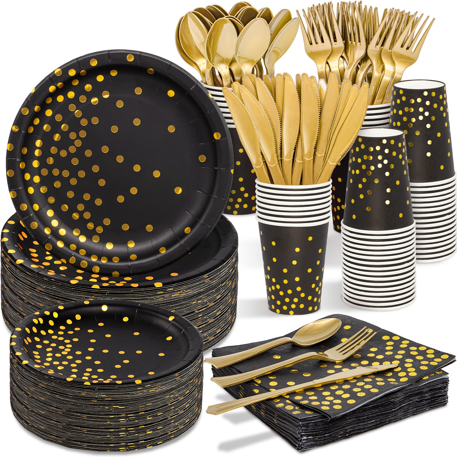 350PCS Black and Gold Party Supplies Set - Disposable Dinnerware with Gold Dot Paper Plates, Napkins, Cups & Plastic Cutlery for Birthday, Wedding, Baby Shower Decorations - Elegant Tableware for Women & Men's Special Events