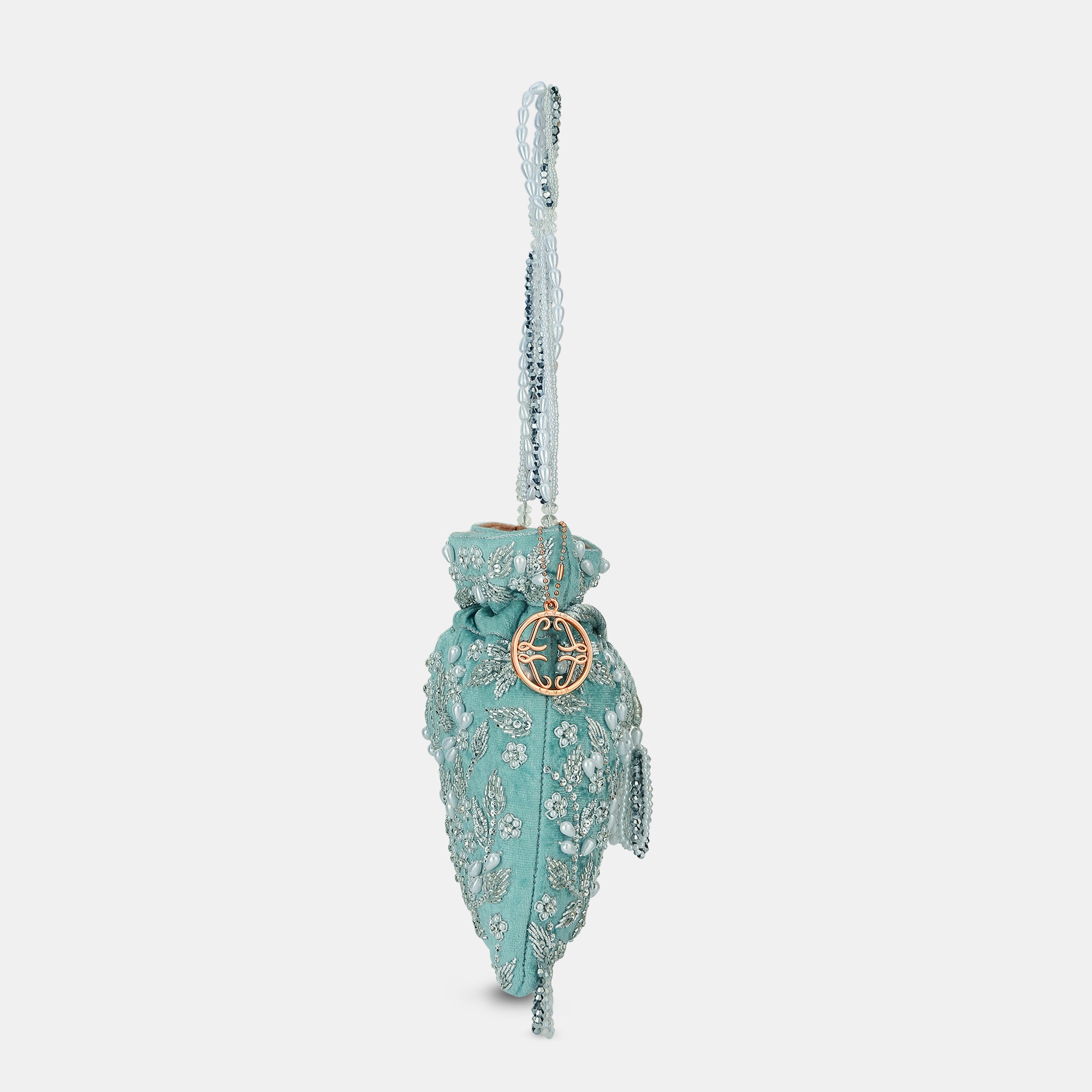 Lavie Luxe Silver Beaded Medium Potli Bag for Women - Elegant Rose Design, Perfect for Weddings, Parties & Festive Occasions