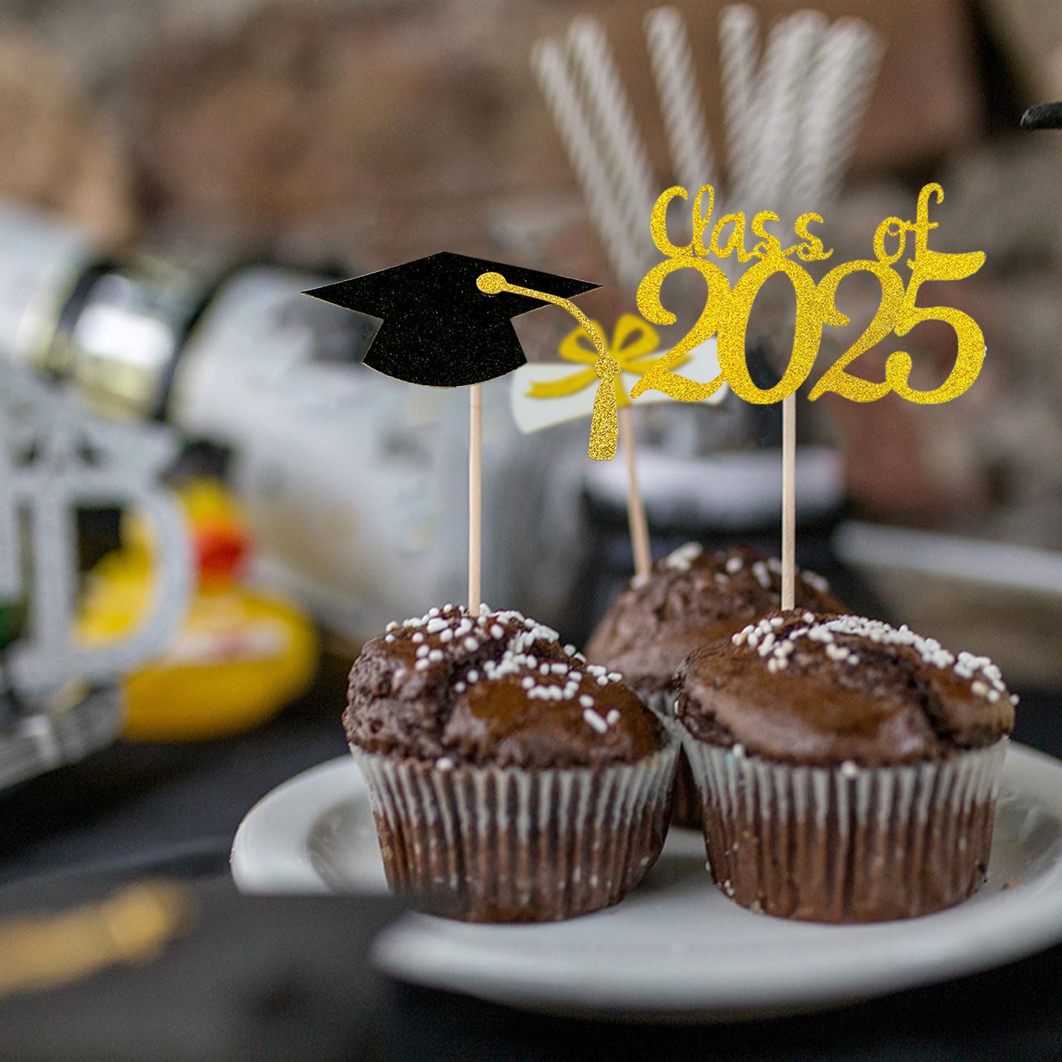2025 Graduation Cupcake Toppers - 48pcs Glitter Gold & Black Grad Cap & Diploma Decorations for Graduation Party | Class of 2025 Dessert Toppers for Cakes, Cupcakes & Treats - Perfect for Graduation Ceremony, School Party & Celebration Decor
