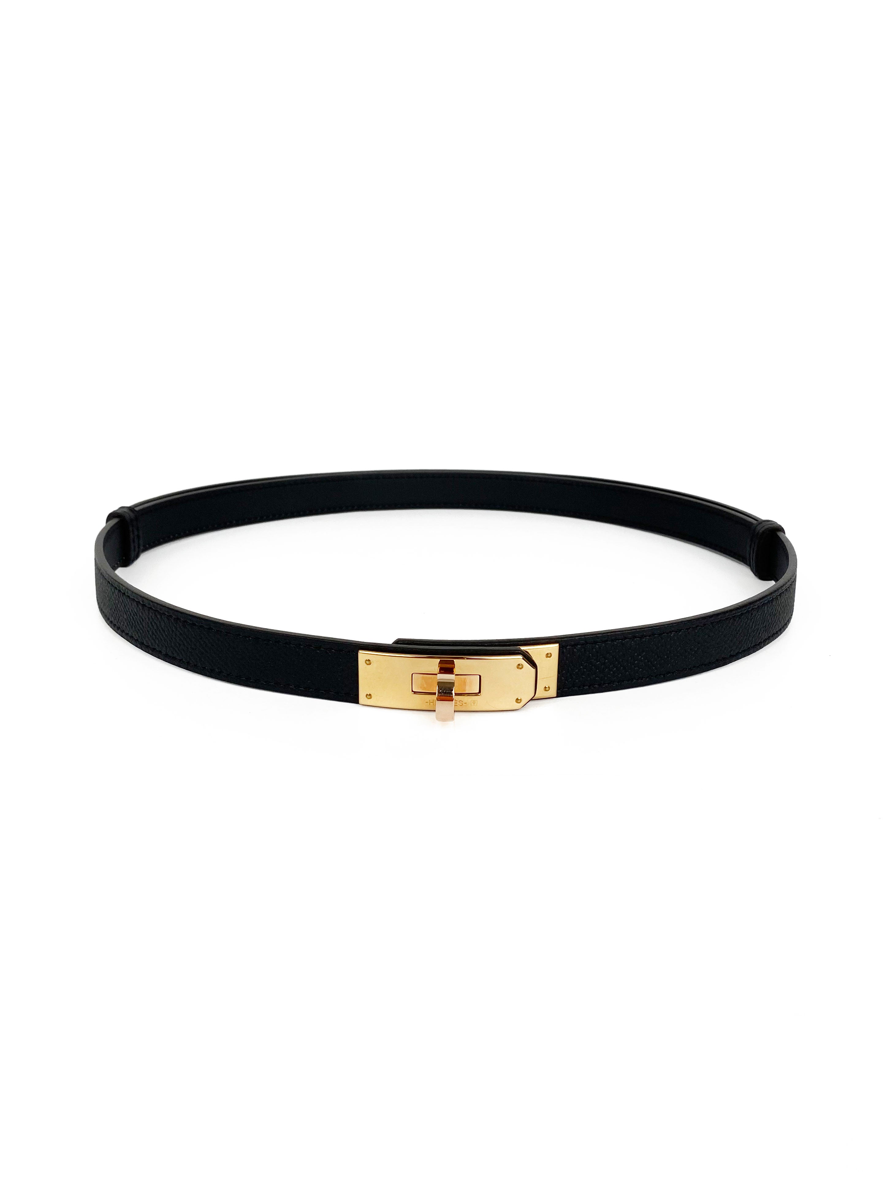 Authentic Hermes Black Kelly 18 Belt with Rose Gold Buckle - Luxury Leather Waist Belt for Women, Perfect for Office, Evening Events & Special Occasions