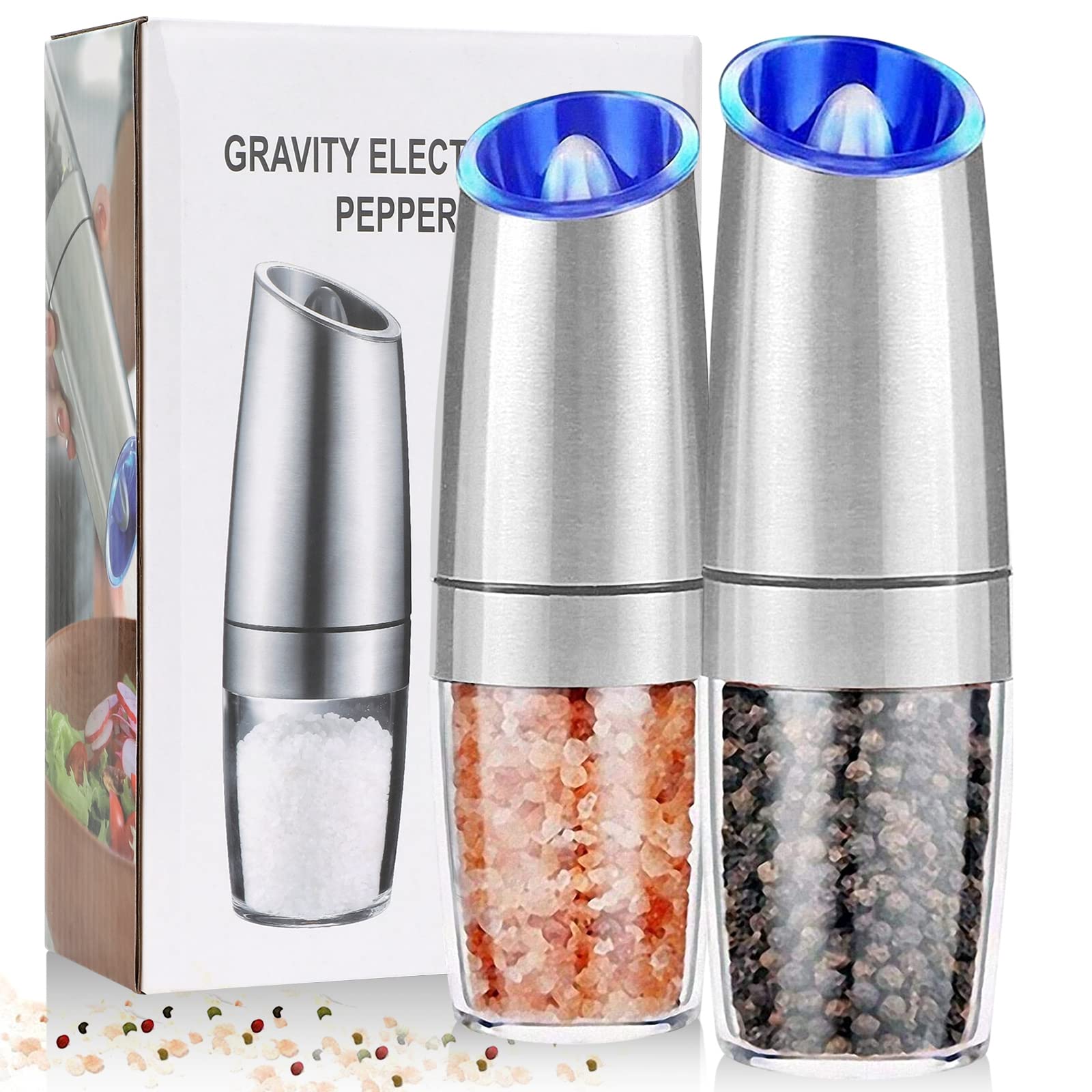 Premium Electric Salt and Pepper Grinder Set (2-Pack) - Battery Operated Automatic Pepper Mill & Gravity Salt Grinder with Adjustable Coarseness, LED Light & One-Hand Operation - Perfect for Kitchen, Dining Table, Camping & Gifts (Silver)