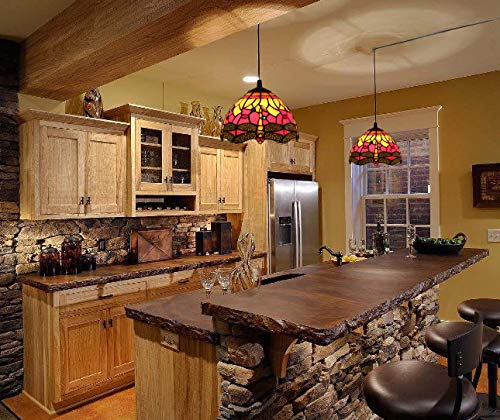 Handmade Tiffany Style Mediterranean Chandelier - Baroque Glass Shade, 20ft UL Certified Plug-in Cord with On/Off Dimmer Switch | Decorative Pendant Light for Dining Room, Foyer & Bedroom (Bulb Not Included)