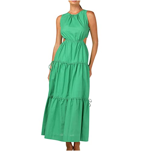 YZHM Women's Sleeveless Boho Maxi Dress - Solid Color Casual Beach Sundress with Crewneck, Waist Hollow Out & Tiered Flowy Design | Perfect for Summer Vacations, Beach Parties & Boho Fashion Outfits