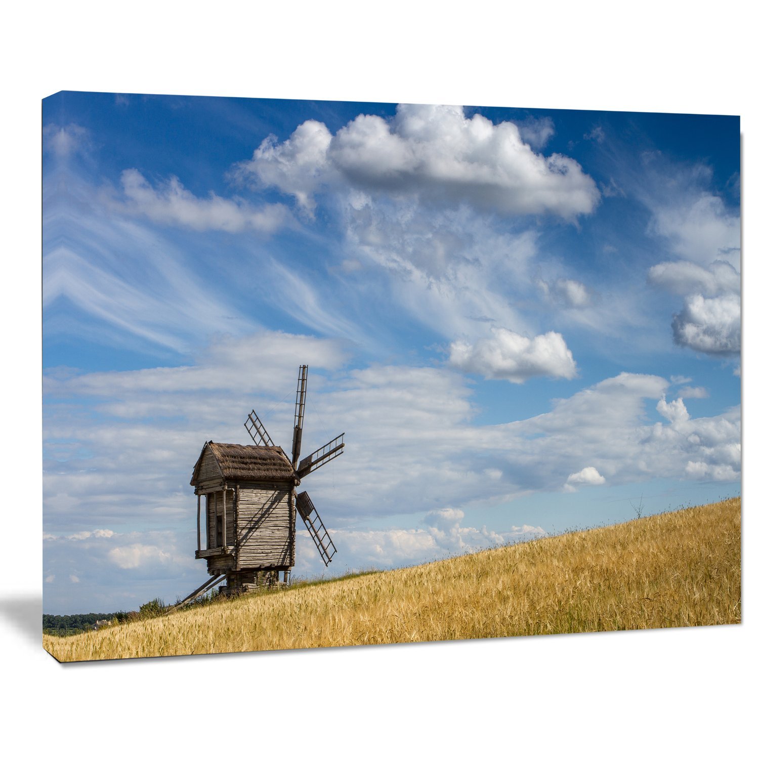 Cloudy Sky and Windmill Summer Landscape Canvas Art Print - Wall Decor for Living Room, Bedroom & Office
