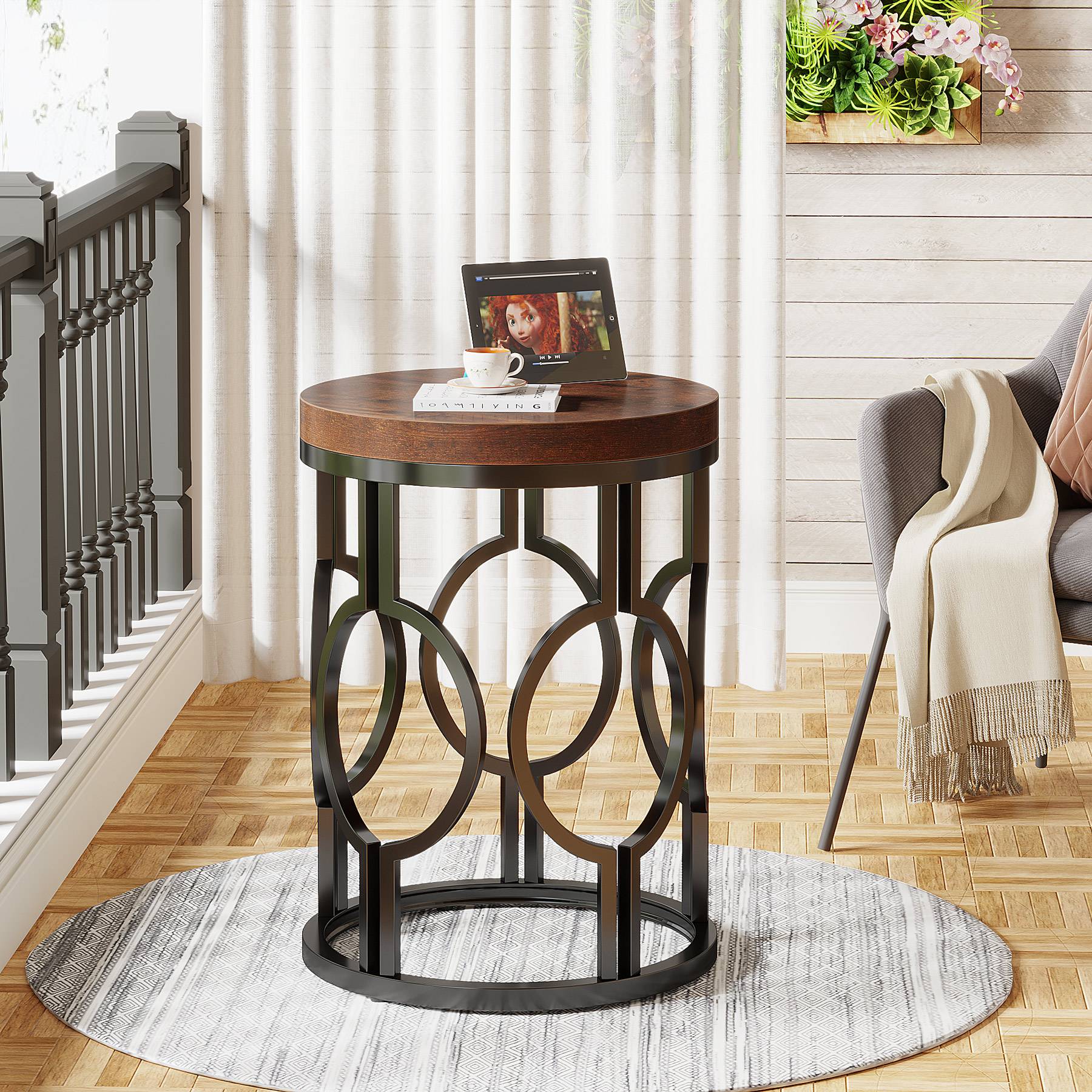 Industrial Round End Table with Metal Hollow Frame - Sturdy Side Table for Living Room, Bedroom, or Office Decor