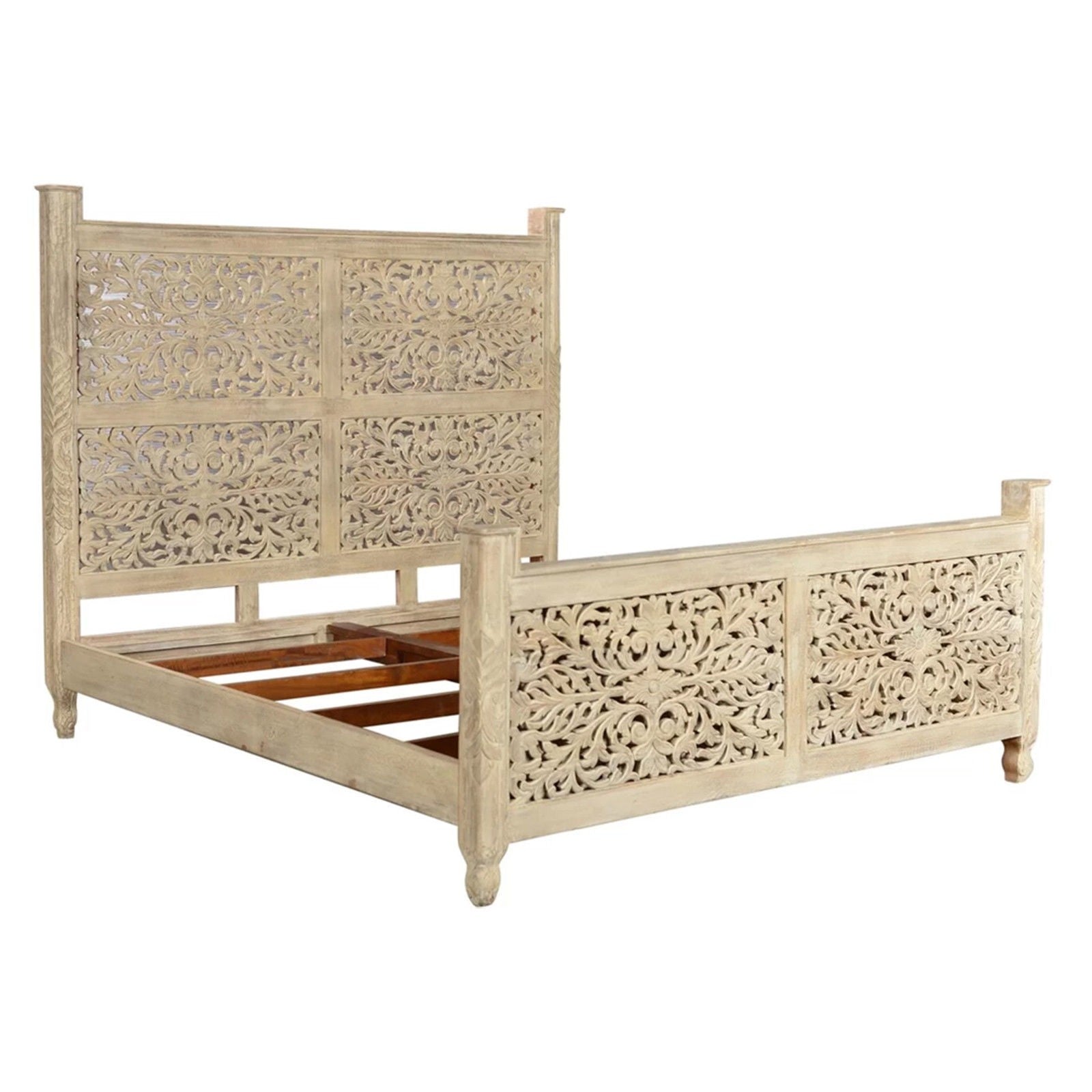 Hand Carved Solid Wood Emily Bed Frame - Indian Teak Finish, White | Perfect for Master Bedroom, Guest Room & Modern Farmhouse Decor