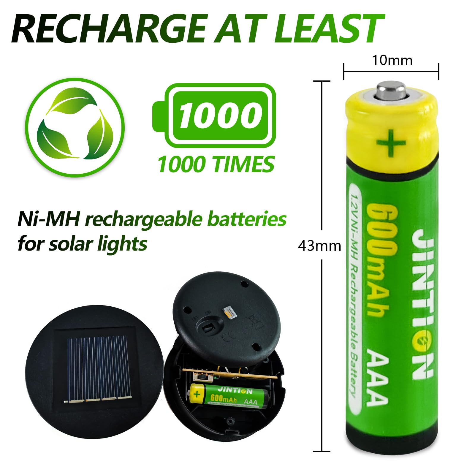 JINTION Ni-MH AAA 600mAh 1.2V Rechargeable Batteries - 8 Pack for Solar Outdoor Garden Lights, String Lights, Pathway Lamps, Toys, Remote Controls & Electronic Devices | Long-Lasting Power Solution
