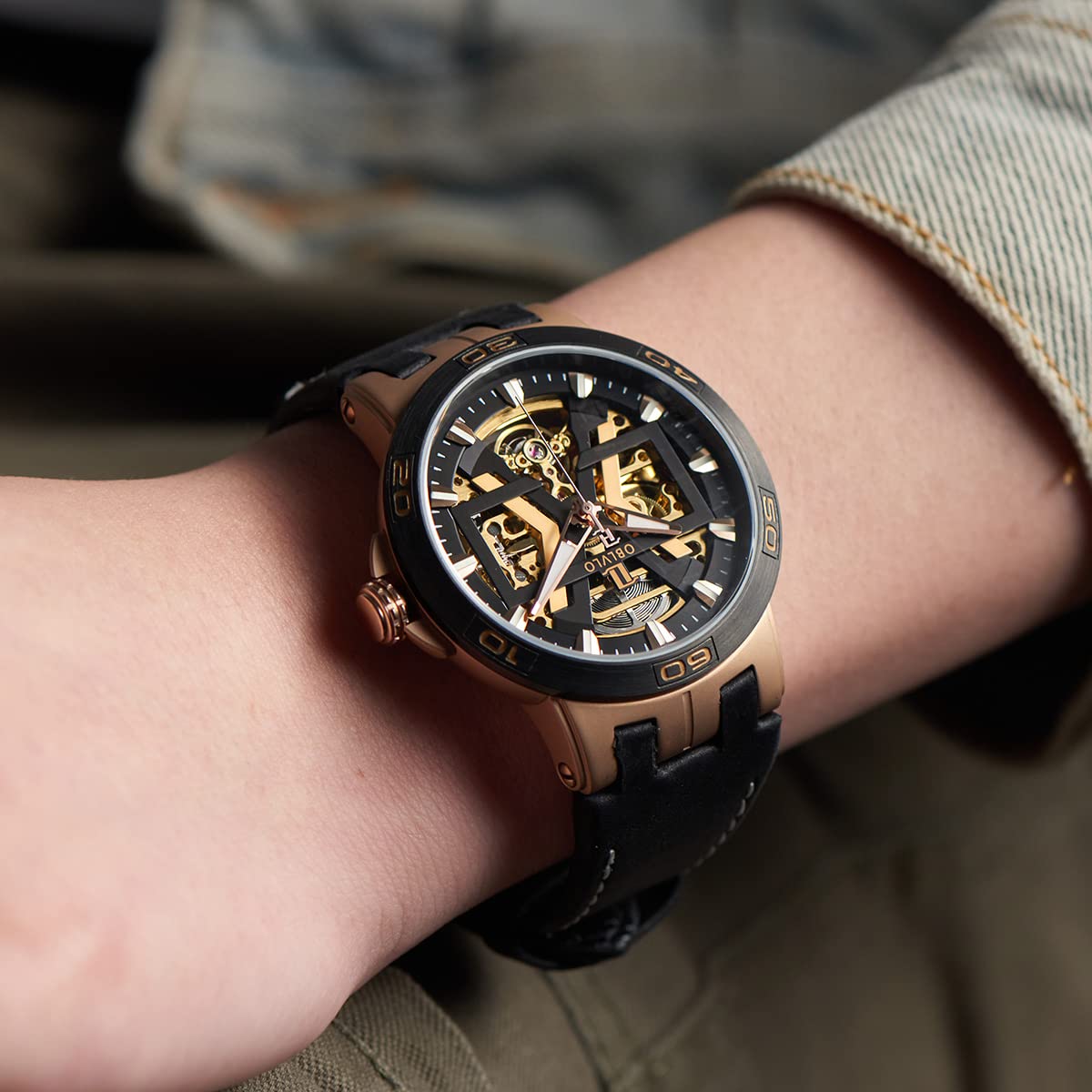 **Black Skeleton Automatic Watch for Men - Waterproof Military Watch with Genuine Crazy Horse Leather Strap - Perfect for Outdoor Adventures, Casual Wear & Formal Occasions**