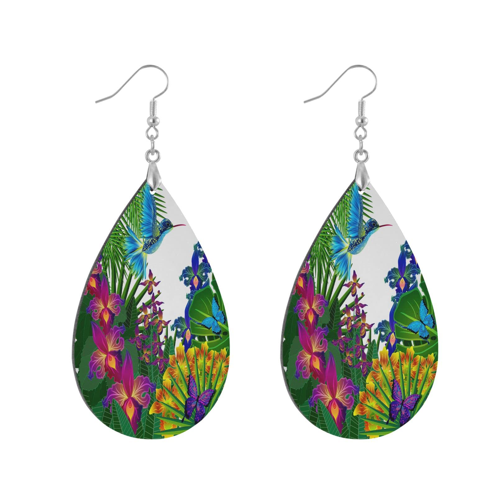 Tropical Floral Wooden Dangle Earrings for Women - Lightweight Teardrop Palm Leaf & Hummingbird Butterfly Statement Jewelry - Perfect Gift for Her, Girls, Bridesmaids, Beach & Boho Outfits