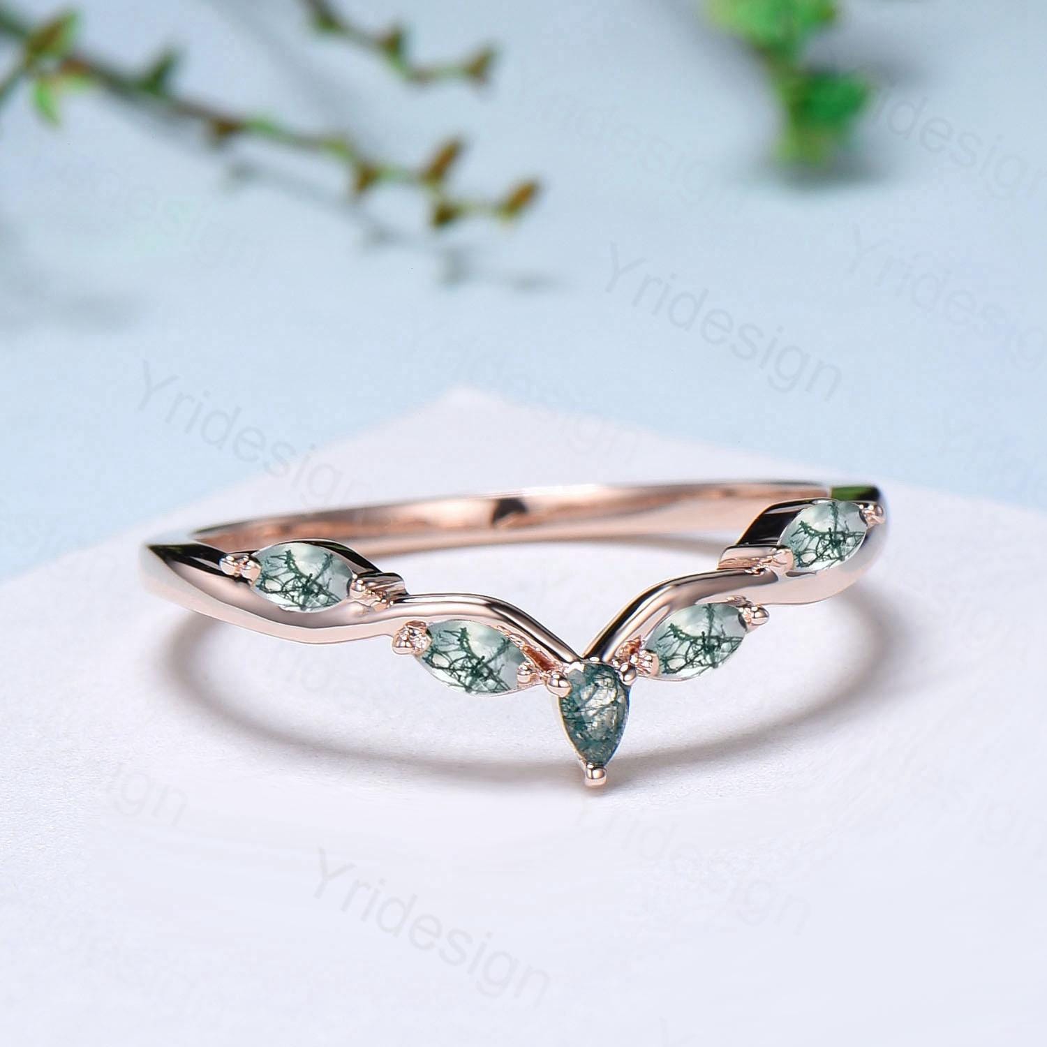 14K Rose Gold Pear & Marquise Cut Moss Agate Wedding Band - Snowdrift Green Stackable Ring for Women, Matching Anniversary Gift for Her, Perfect for Bridal Sets, Stacking Rings & Special Occasions