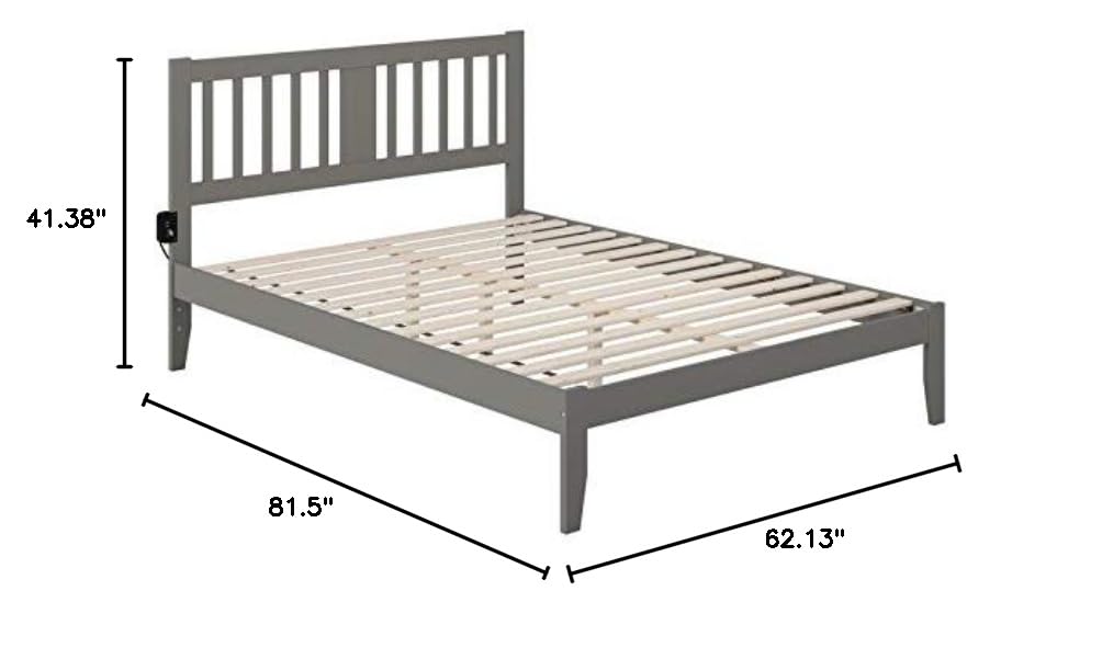 BOWERY HILL Gray Wooden Queen Size Spindle Bed Frame with USB Turbo Charger | Transitional Style Bedroom Furniture for Master Bedroom & Guest Room