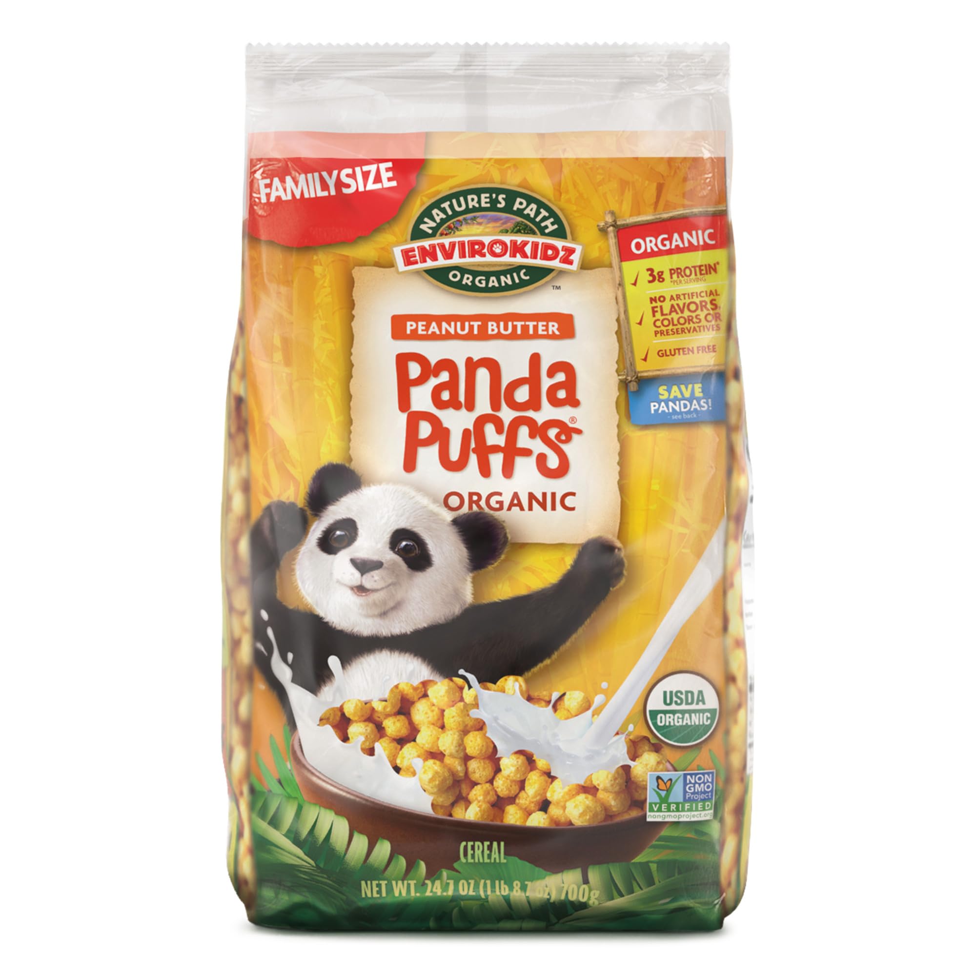 Organic Peanut Butter Cereal - Panda Puffs by Nature's Path | Gluten Free, Non-GMO, 1.54 Lbs (Pack of 3) | Eco-Friendly Packaging | Healthy Breakfast & Snack for Kids