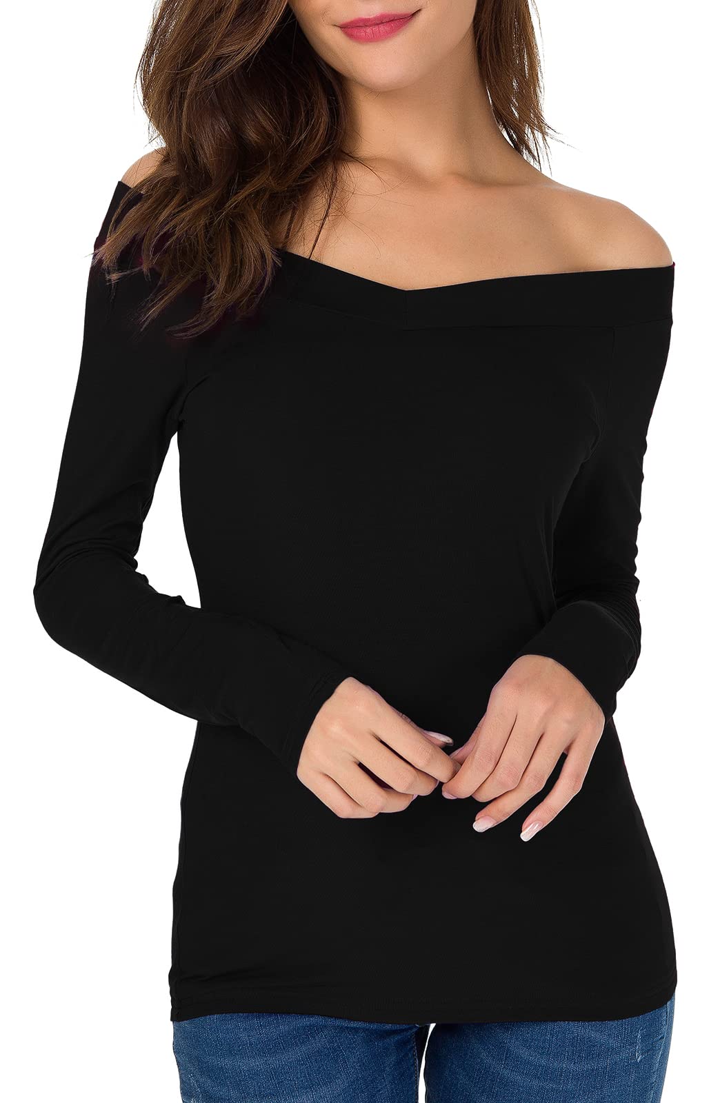 Sarin Mathews Women's Off Shoulder Tops - Sexy V Neck Slim Fit Blouses & Shirts for Casual Wear, Date Night & Summer Outfits