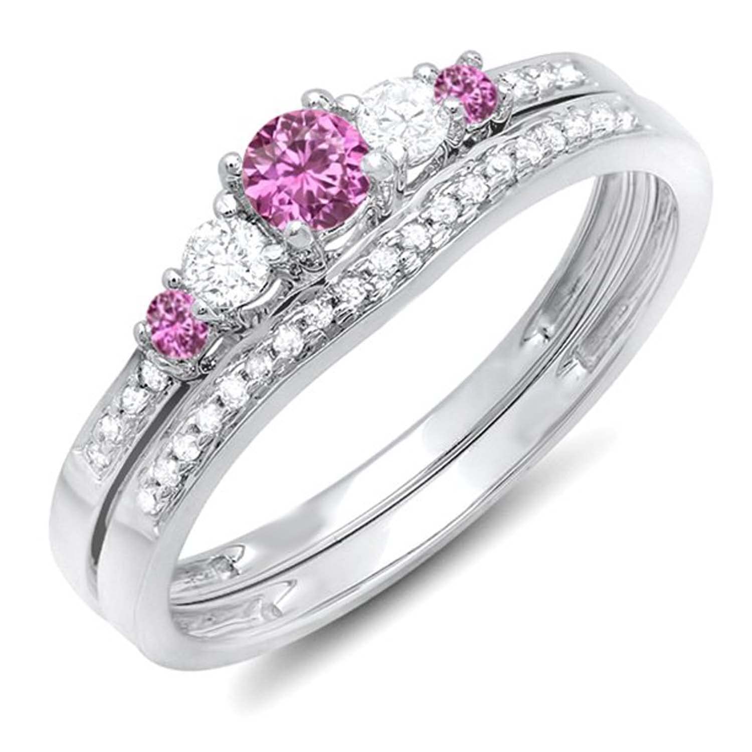 Elegant 14K White Gold Plated Pink Sapphire & Diamond Wedding Ring Set for Women – Unique Engagement Ring & Band Set for Brides, Anniversaries & Special Occasions