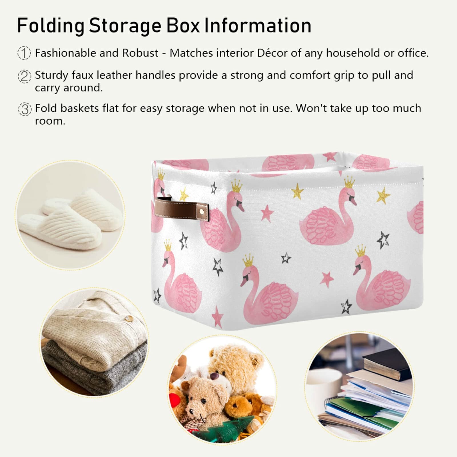 Swan Princess Crown Storage Basket Organizer - Large Collapsible Fabric Cube Bin with PU Handles for Nursery, Closet, Laundry Room | 2-Pack Set for Home Organization & Kids' Room Decor