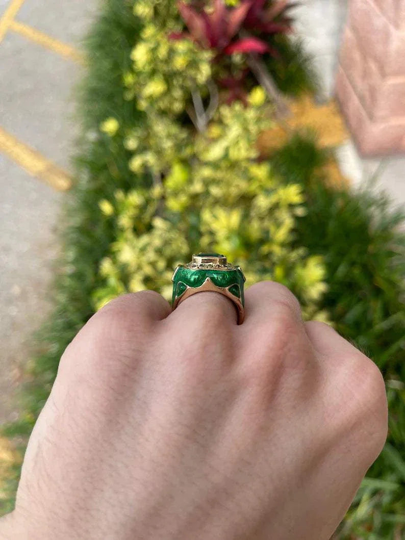 5.30 Carat Colombian Emerald & Diamond Men's Ring in 14K Gold with Enamel - Luxury Wedding Band, Anniversary Gift for Him, Perfect for Special Occasions