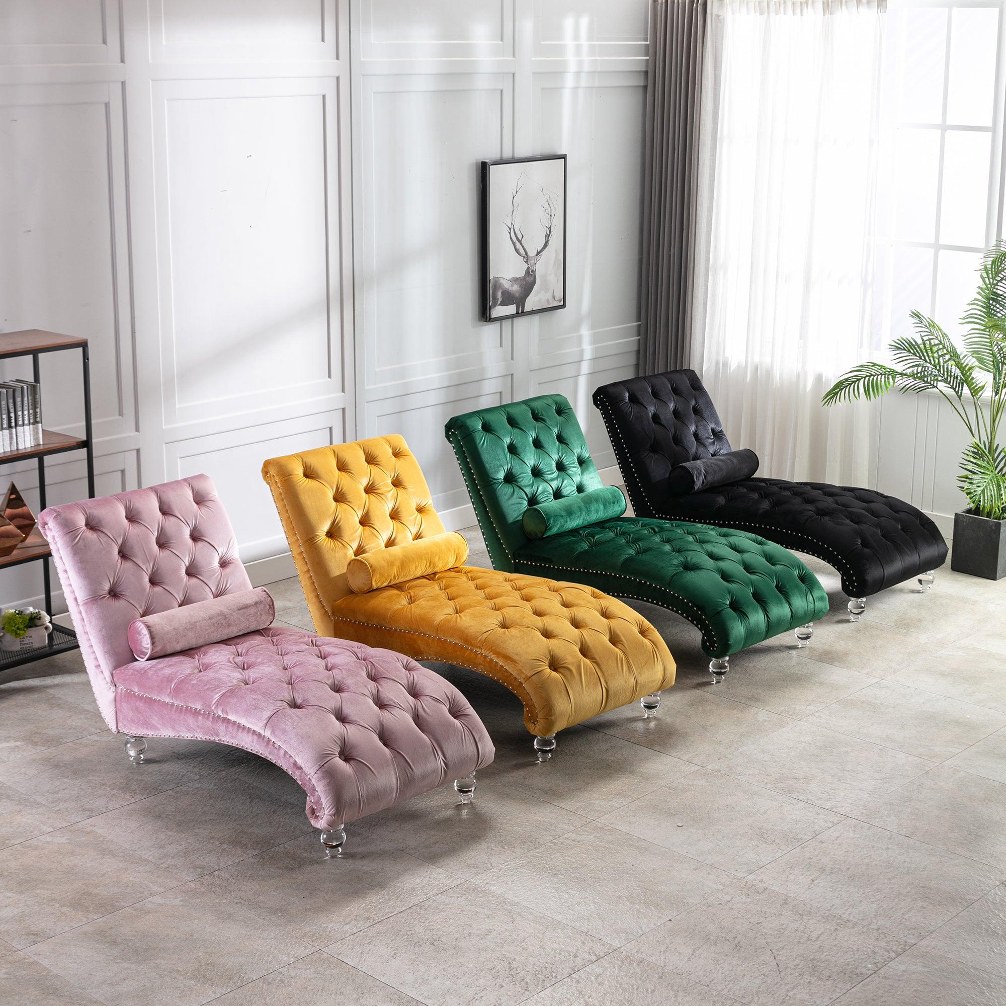 COOMORE Velvet Chaise Lounge Chair - Button Tufted Upholstered Sofa with Pillow, Mustard Velvet for Bedroom, Living Room & Office | Perfect for Reading Nook, Lounge Area & Home Decor