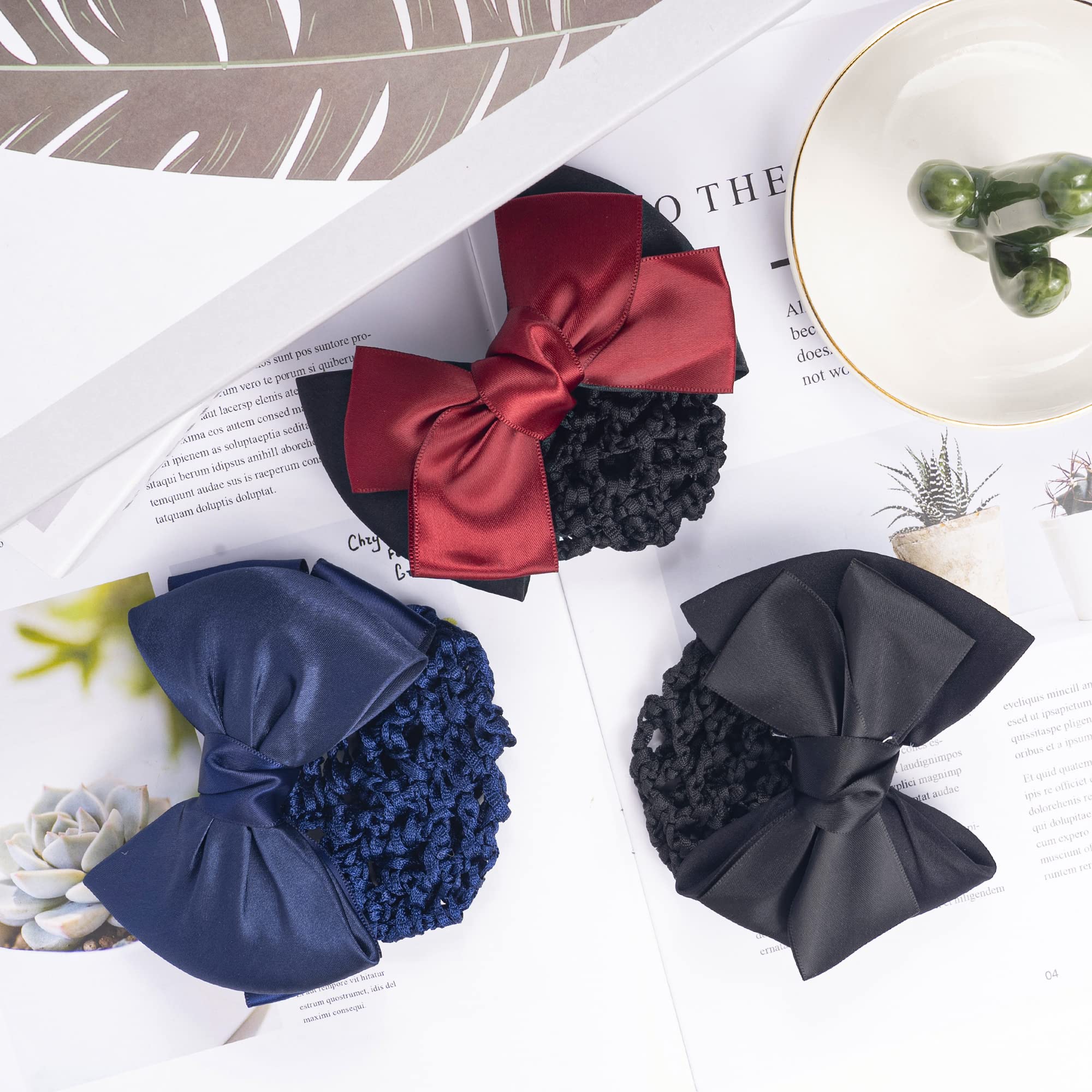 TXIN Women's Satin Bow Crochet Knit Red Snood with Bowknot Barrette - Non-Slip Mesh Hair Clips for Work, Girls & Everyday Style | Perfect for Office, School, Parties & Special Occasions