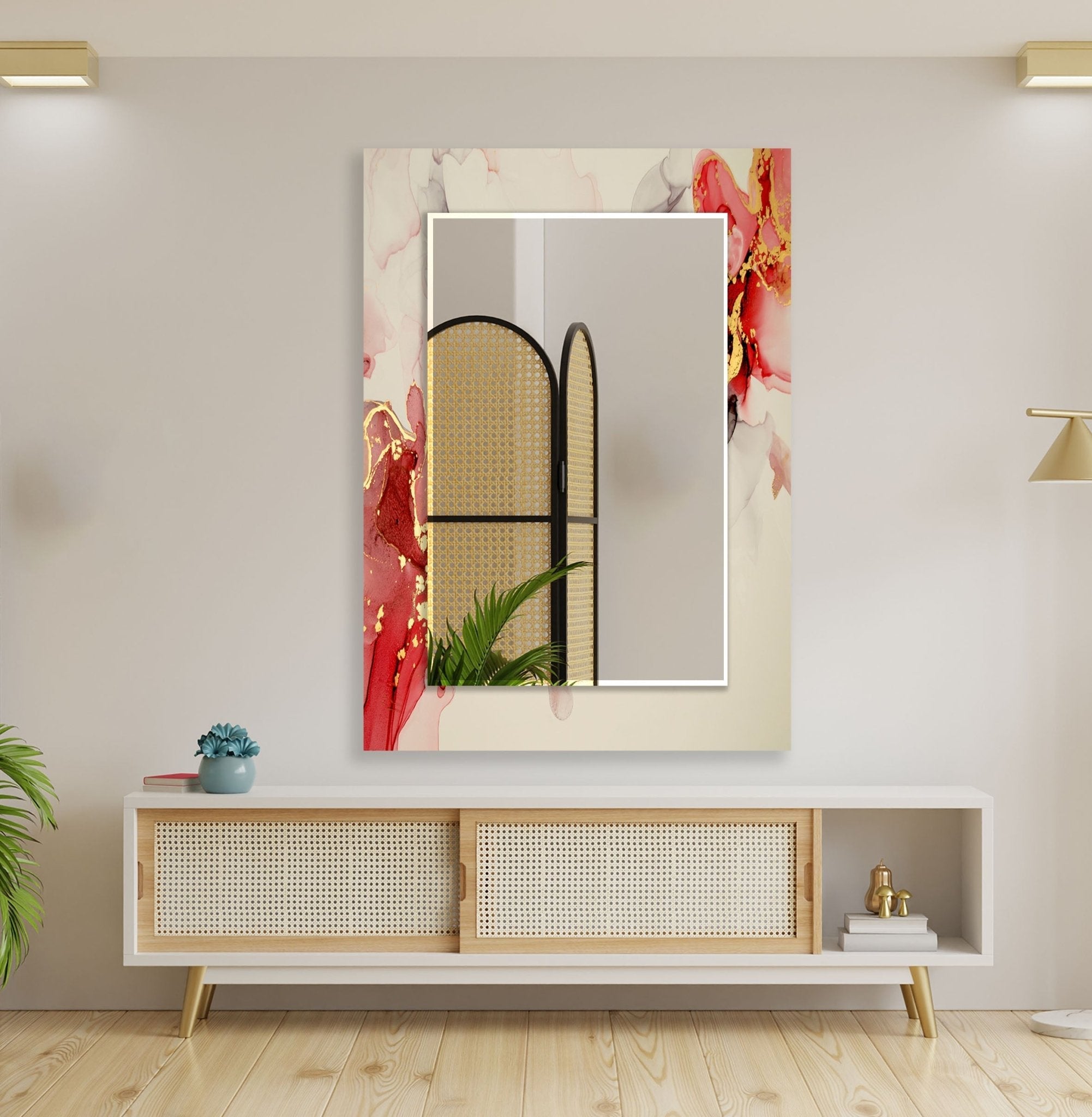 Abstract Beige and Red Wall Mirror - Modern Decorative Mirror for Living Room, Bedroom & Entryway - Unique Home Decor Accent Piece