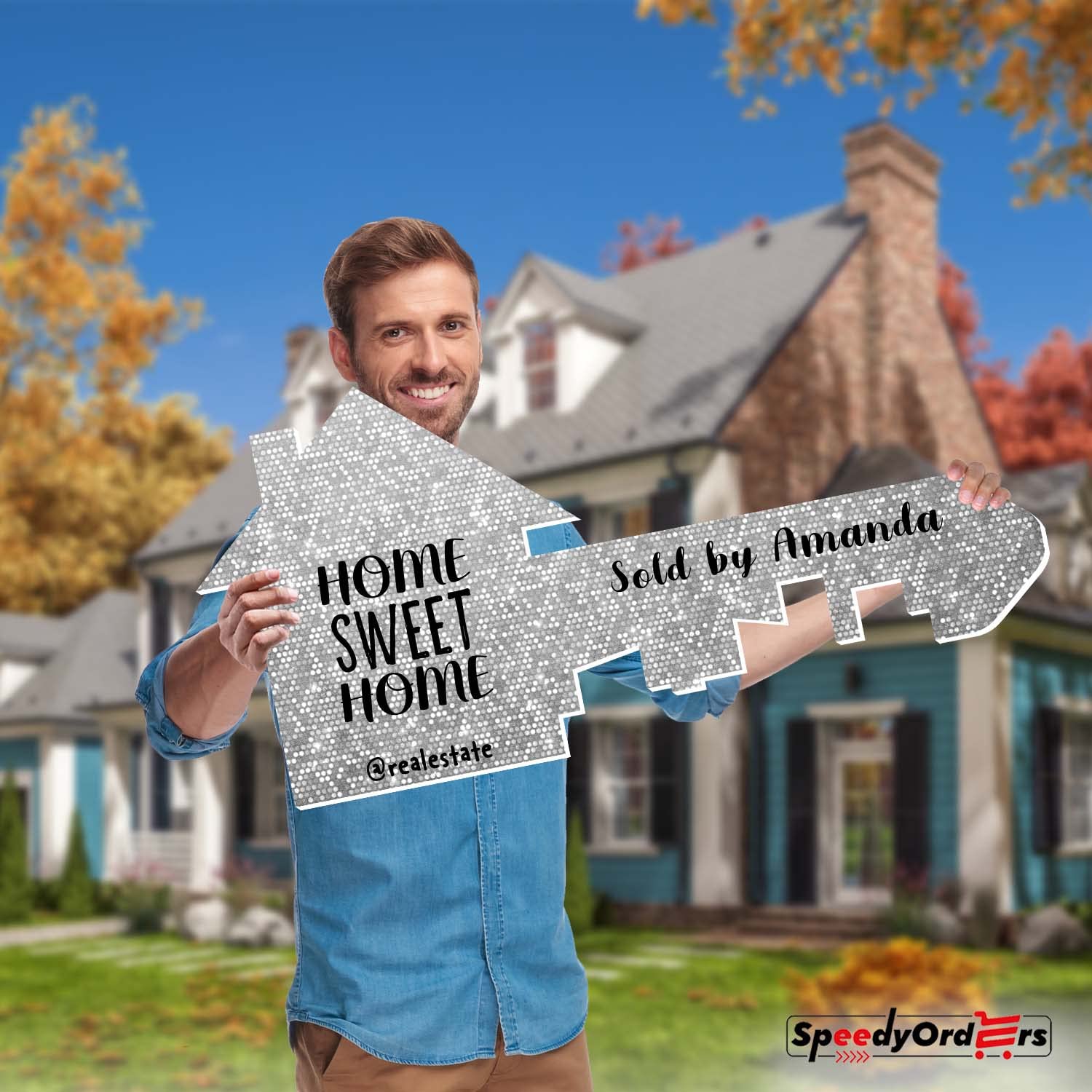 Custom Photo Key Prop - Large Silver Sparkle Real Estate Sold Sign for Realtors | Marketing Supplies & Closing Gifts for Agents | Perfect for Open Houses, Listings & Client Celebrations