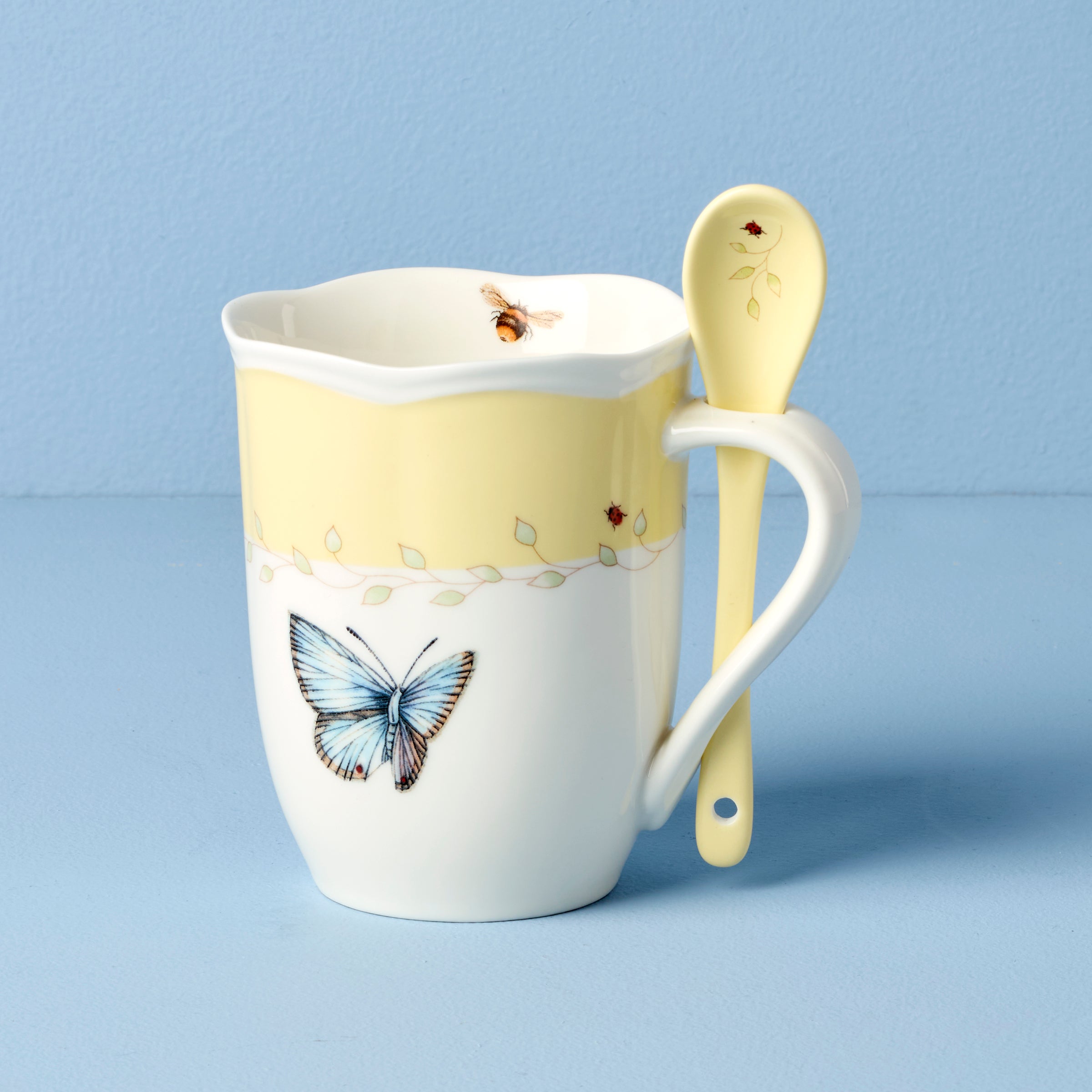 Butterfly Meadow Yellow Coffee Mugs with Spoons - Set of 2 Ceramic Cups for Tea, Hot Chocolate & Breakfast - Perfect for Home, Office & Gift Giving