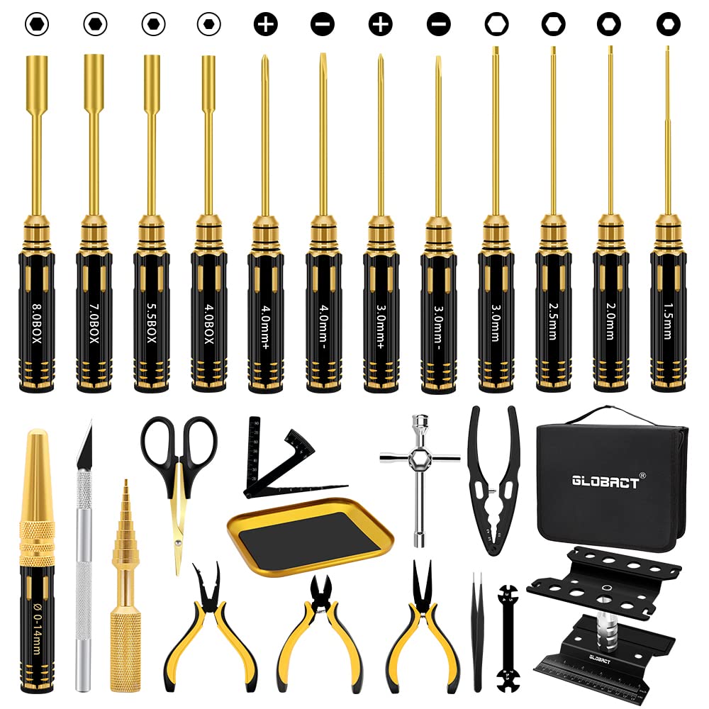 **GLOBACT 26Pcs RC Repair Tool Kit - Hex Driver Set, Screwdriver Kit, Pliers, Wrench, Screw Tray & Body Reamer for 1/8 1/10 RC Cars (Slash, Axial, Arrma, Redcat, Losi) - Perfect for RC Car Maintenance & Upgrades**