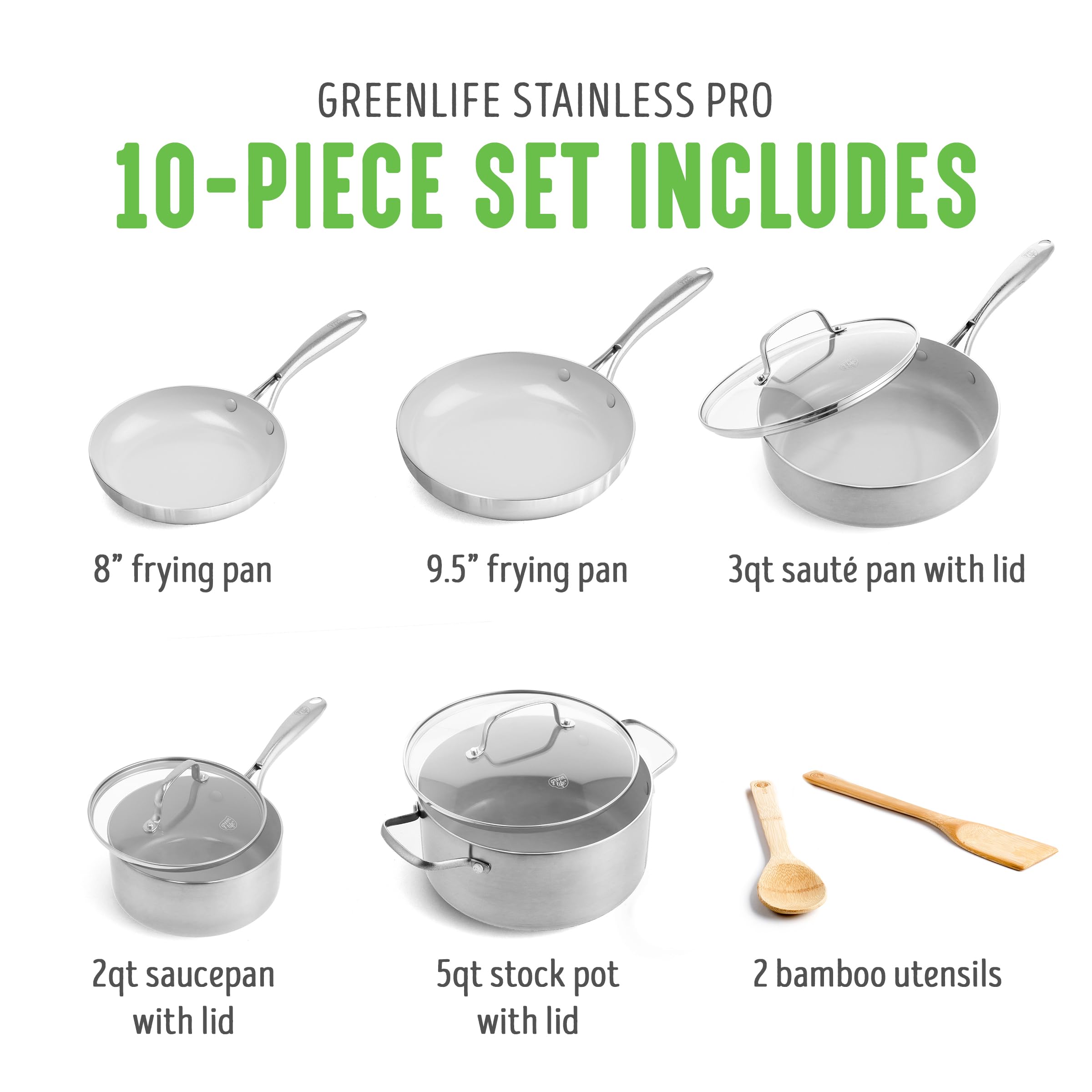 GreenLife Tri-Ply Stainless Steel Healthy Ceramic Nonstick Cookware Set - 10 Piece Pots and Pans, PFAS-Free, Multi-Clad, Induction Compatible, Dishwasher & Oven Safe (Silver) - Perfect for Healthy Cooking, Frying, Baking & Meal Prep in Modern Kitchens