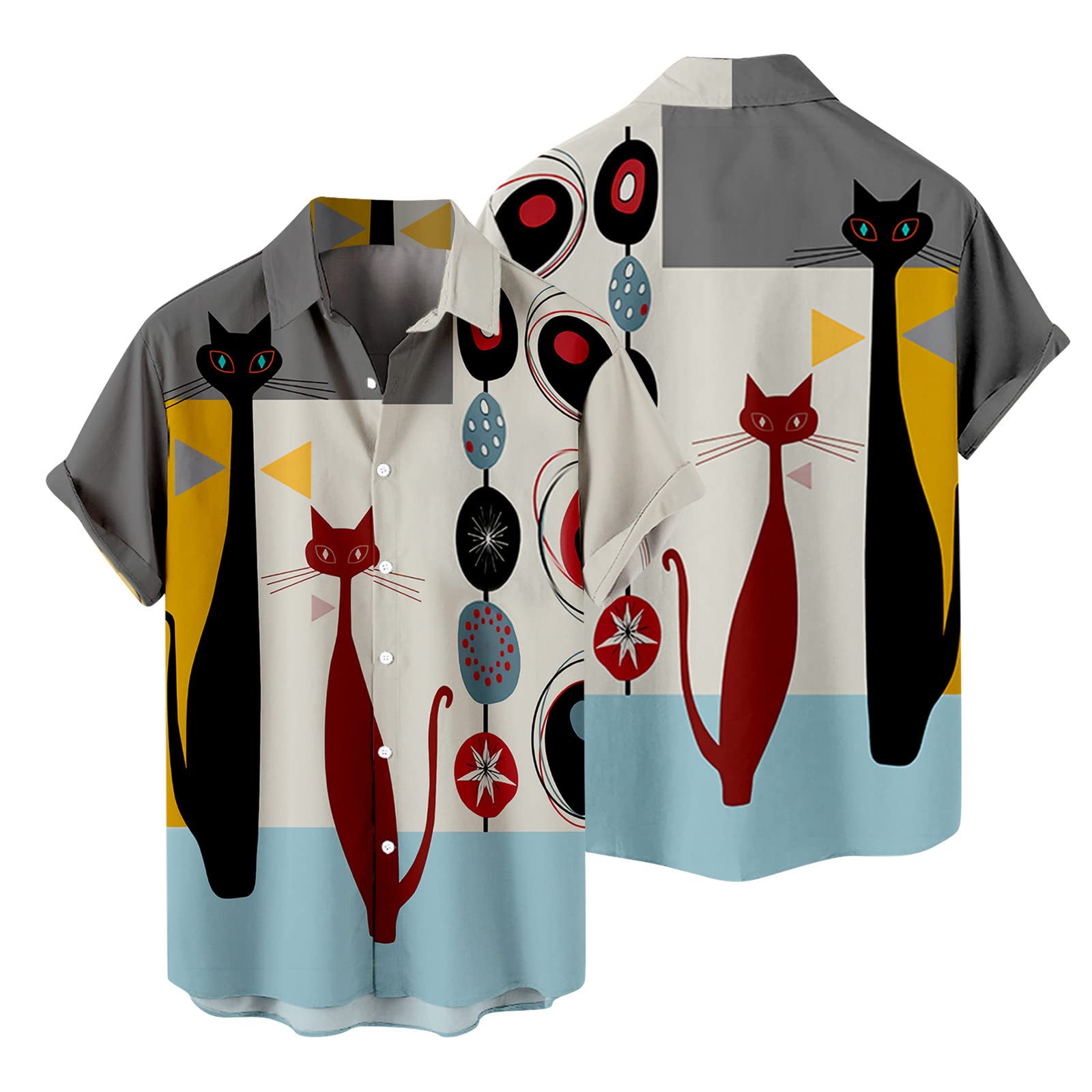 Men's Hawaiian Shirt Short Sleeve - Funny Cat Print Aloha Shirt for Summer Beach Vacation, Casual Button Down T-Shirt | Perfect for Tropical Parties, Luau Events & Beach Outings