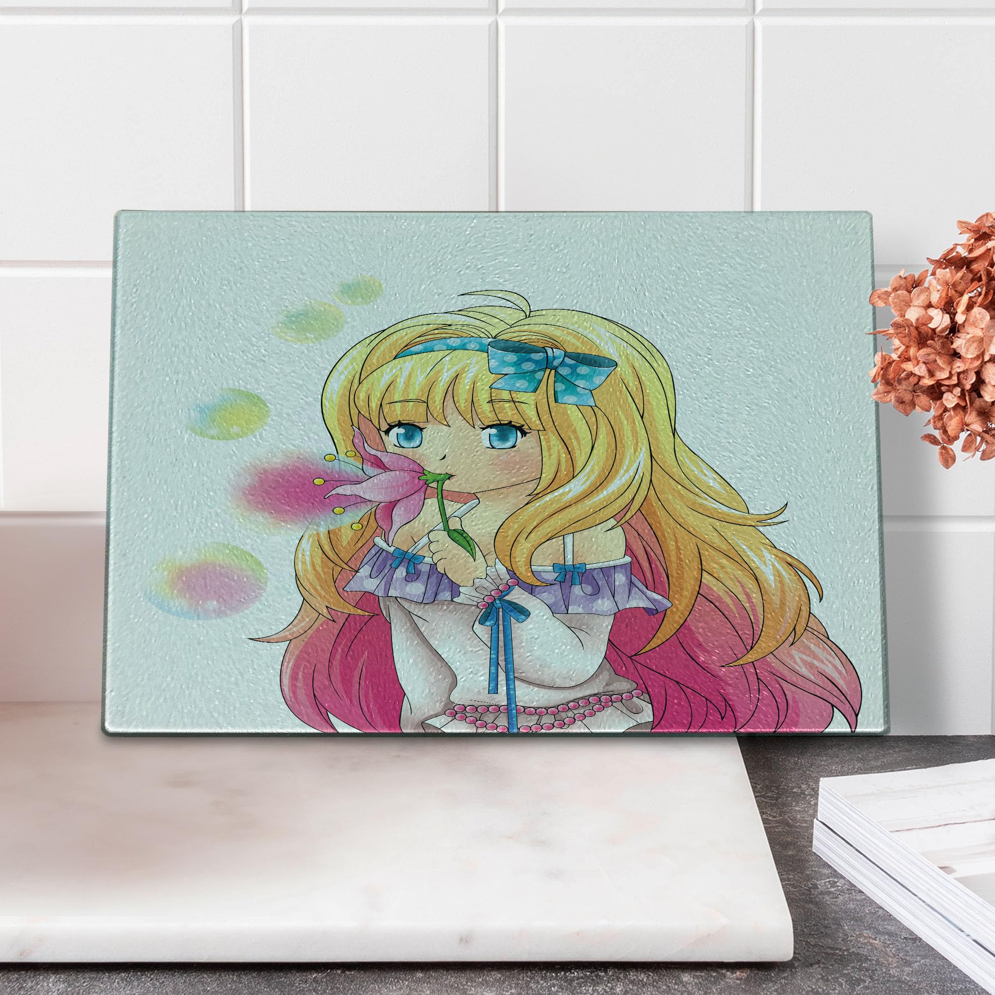 Ambesonne Anime Themed Tempered Glass Cutting Board - Cute Manga Girl Blowing Bubbles Japanese Cartoon Art Print - Decorative Serving Board for Kitchen, Small Size in Pink & Yellow - Perfect for Sushi Preparation, Cheese Display, and Home Decor