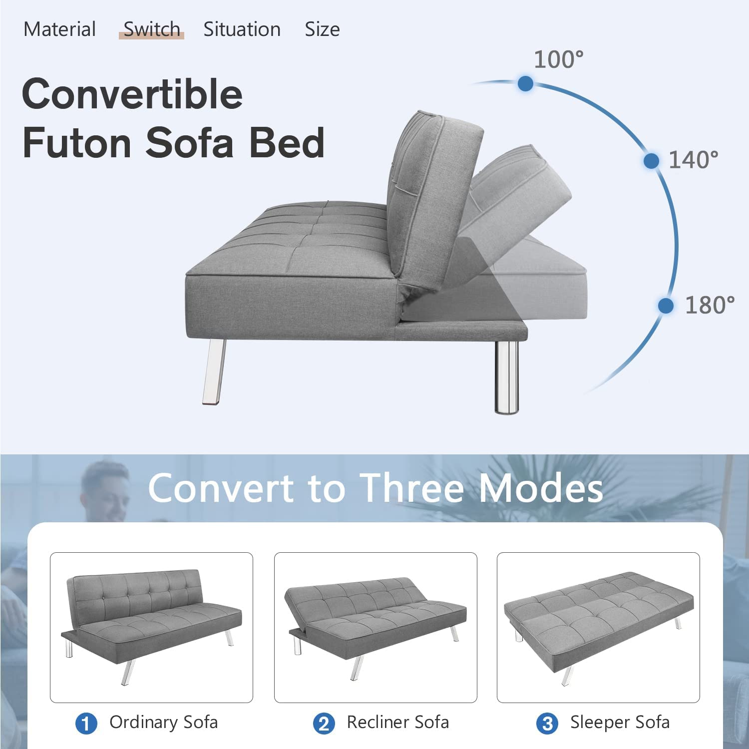 Convertible Folding Futon Sofa Bed - Modern Fabric Sleeper Couch with Recliner & Chrome Legs, Grey | Space-Saving Multi-Functional Furniture for Living Room, Dorm, Apartment & Office (Perfect for Small Spaces, Guest Sleeping & Lounging)