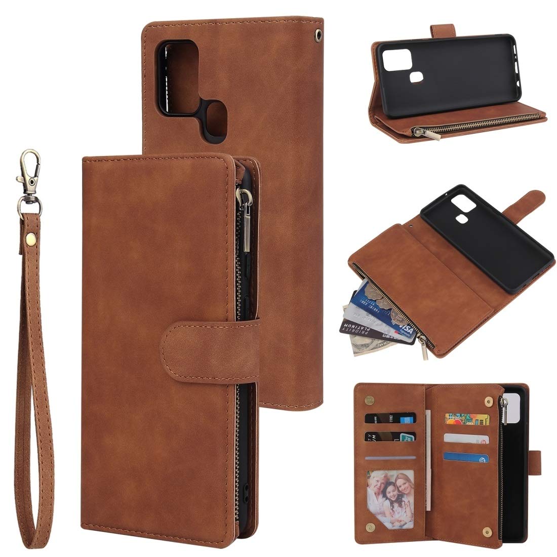 Samsung Galaxy A21s Phone Case - Retro Frosted Leather Flip Cover with Card Slots, Zipper Wallet, Photo Frame & Lanyard | Multi-Functional Protective Case for Everyday Use & Travel