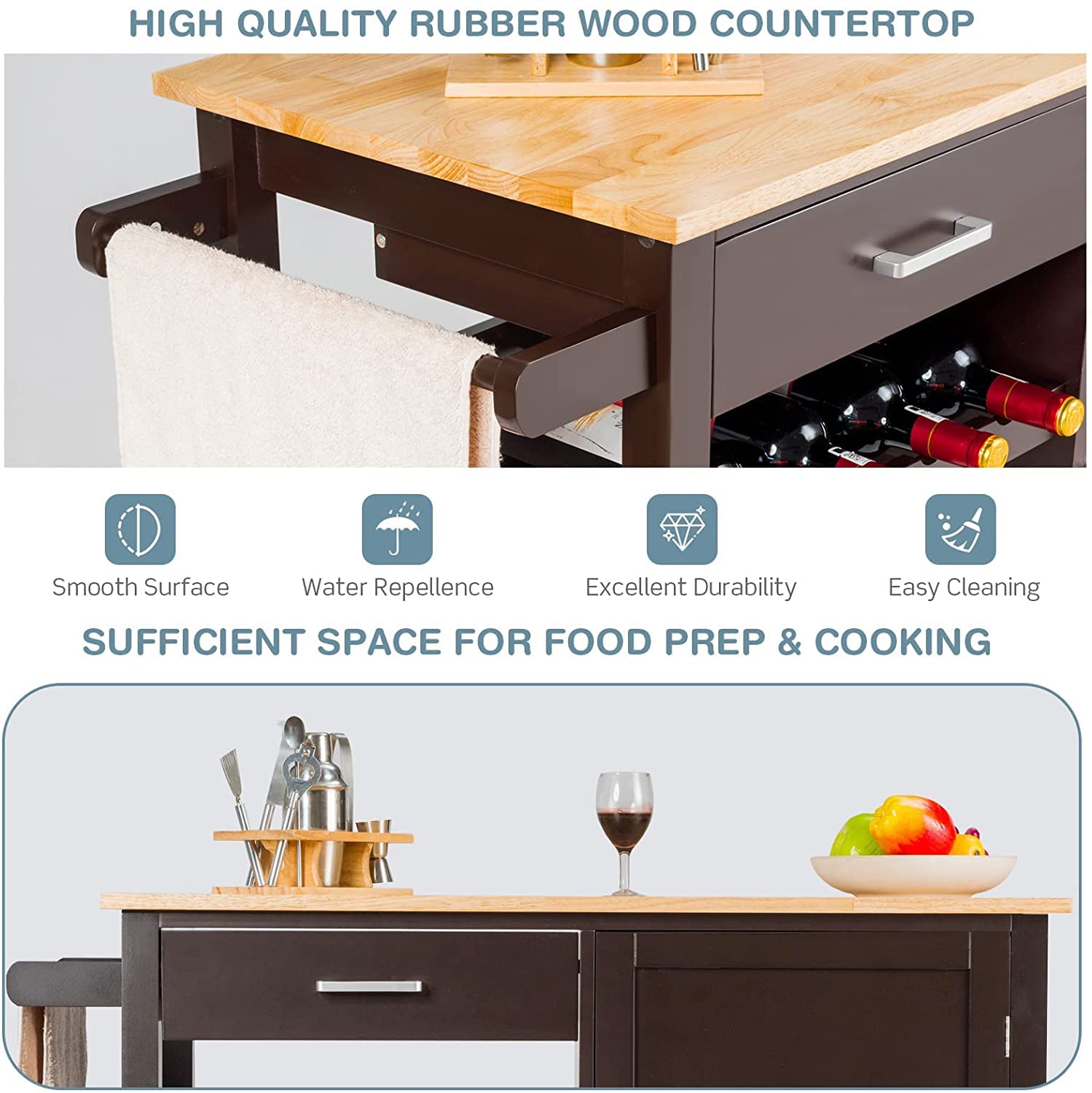 Hysache Kitchen Island Cart with Adjustable Shelves, Lockable Wheels & Wine Rack - Multi-Functional Rolling Storage Cabinet for Kitchen, Dining Room & Bar - Wooden Mobile Trolley in Brown/White (HW66112) - Perfect for Small Spaces, Entertaining & Extra Counter Space