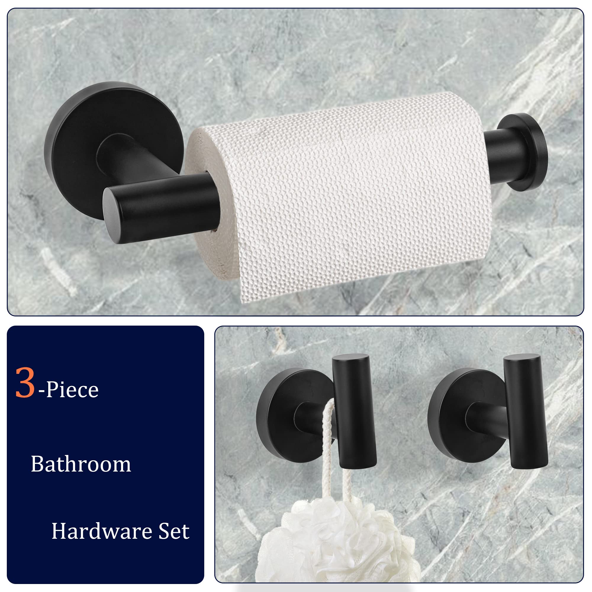 Premium Matte Black Stainless Steel Bathroom Hardware Set - 3-Piece Includes 5