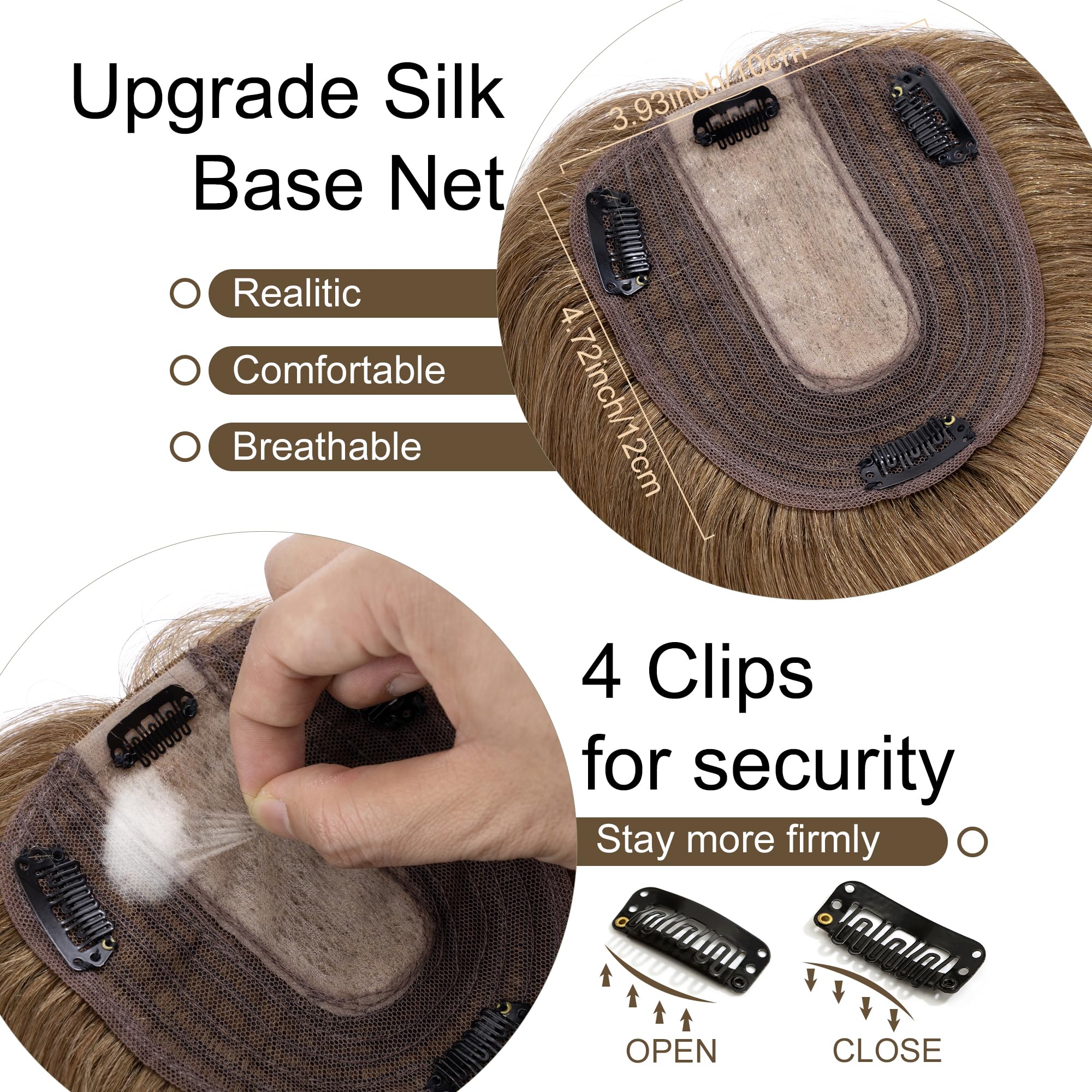 SEGO 10x12cm Silk Base Human Hair Toppers for Women - 130% Density No Bangs Clip-in Top Wiglet - 100% Remy Human Hair Pieces for Thinning Hair (16 Inch, Light Brown) - Perfect for Daily Wear, Special Occasions & Hair Loss Solutions
