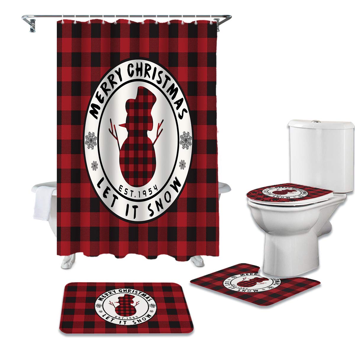 4PCS Non-Slip Christmas Bathroom Mat Set - Buffalo Plaid Red & Black Snowman Decor with Shower Curtain, Rugs & Toilet Cover | Holiday Bathroom Essentials for Festive Home Decor & Winter Safety