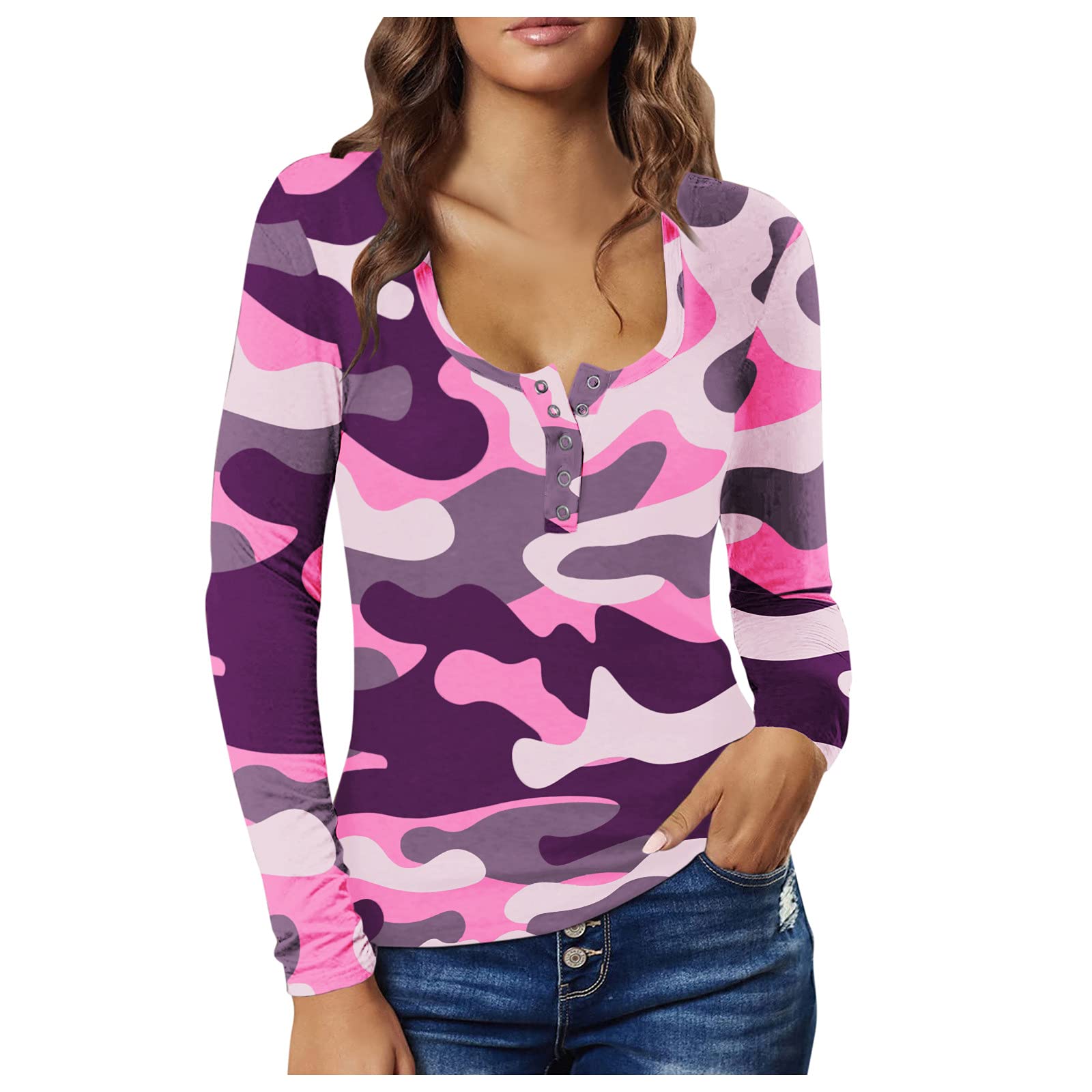 Women's Slim Fit Long Sleeve Henley T-Shirt - Button Down Scoop Neck Ribbed Knit Top for Casual Wear, Work & Date Nights